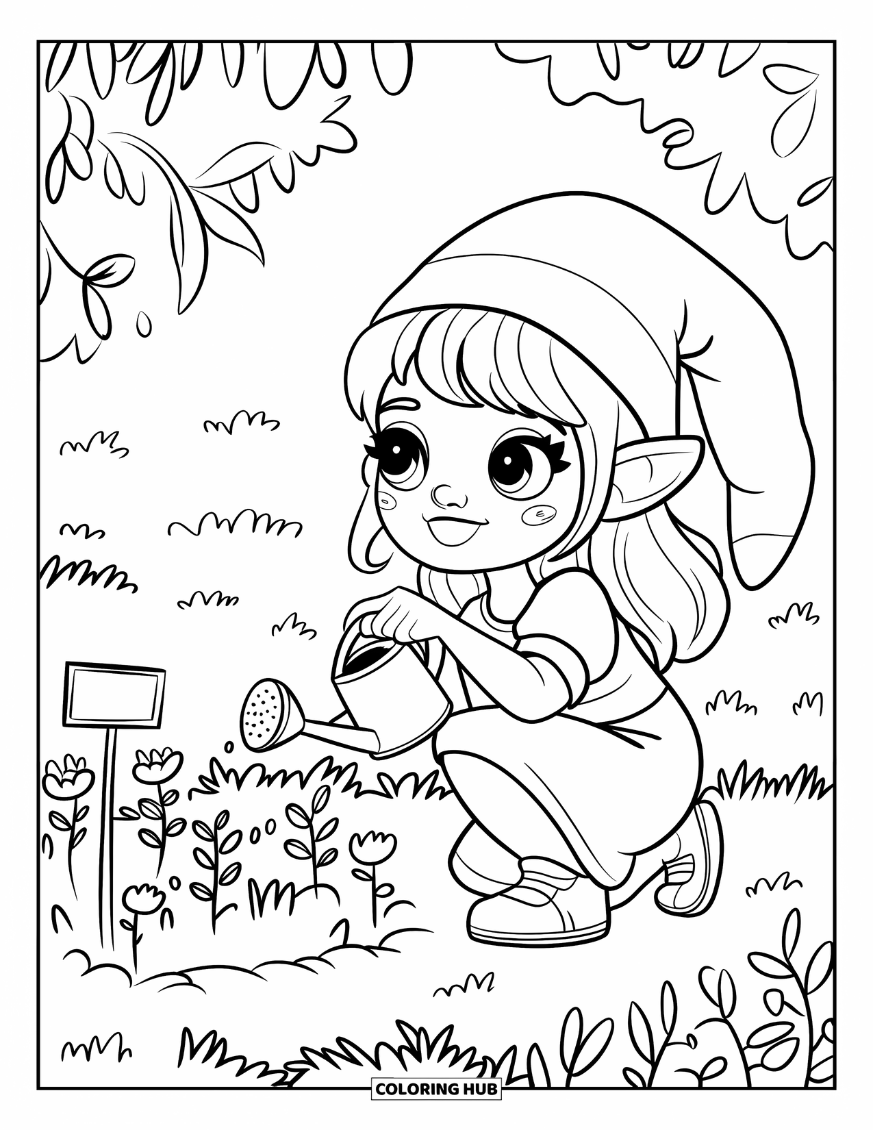 Desen de colorat cu fată gnom pentru adulți: O fată gnom fericită udă lăstari mici într-un strat de flori cu o stropitoare în miniatură