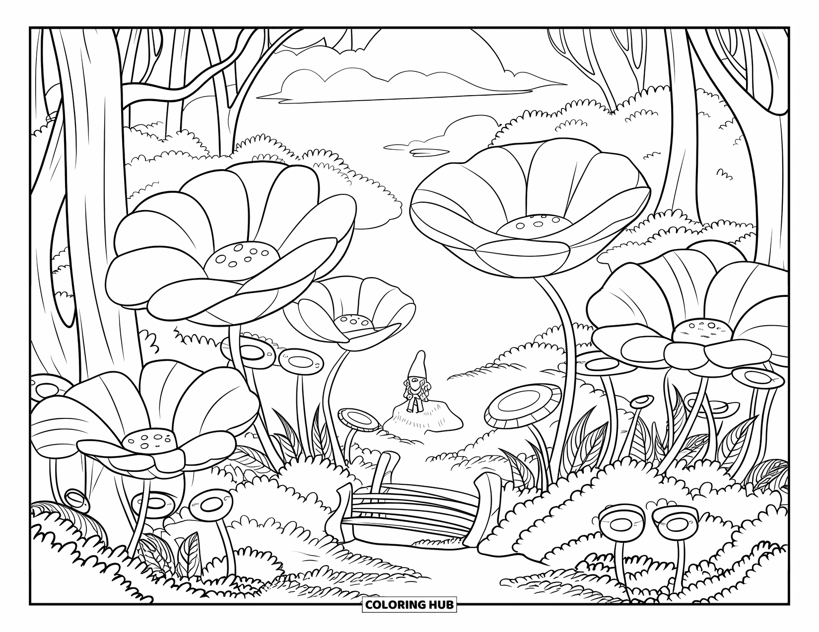 Desen de colorat cu fată gnom pentru adulți: Un gnom ascuns stă pe o stâncă, înconjurat de flori supradimensionate și poteci șerpuitoare prin pădure