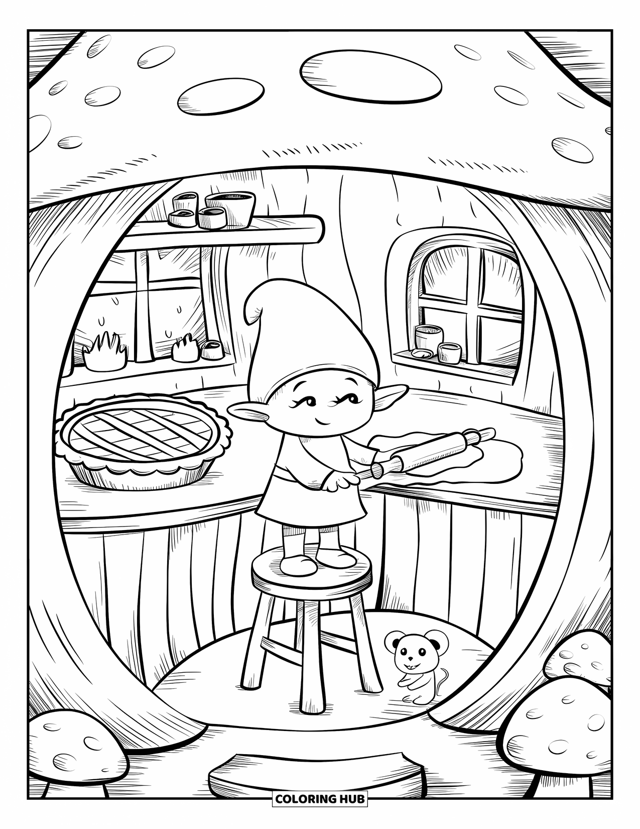 Desen de colorat cu fată gnom pentru adulți: Un gnom mic întinde aluat într-o bucătărie confortabilă dintr-o casă ciupercă
