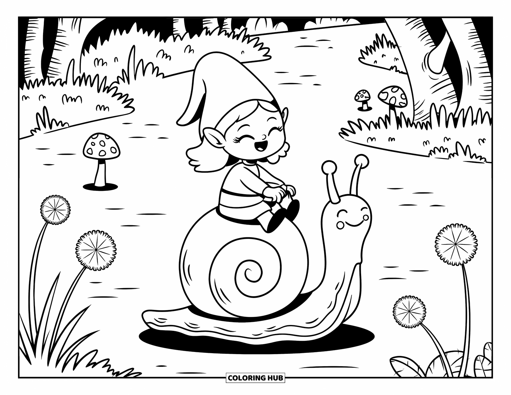 Desen de colorat cu o gnomiță pentru adulți: O gnomiță jucăușă se bucură de o plimbare lentă pe un melc, înconjurată de păpădii