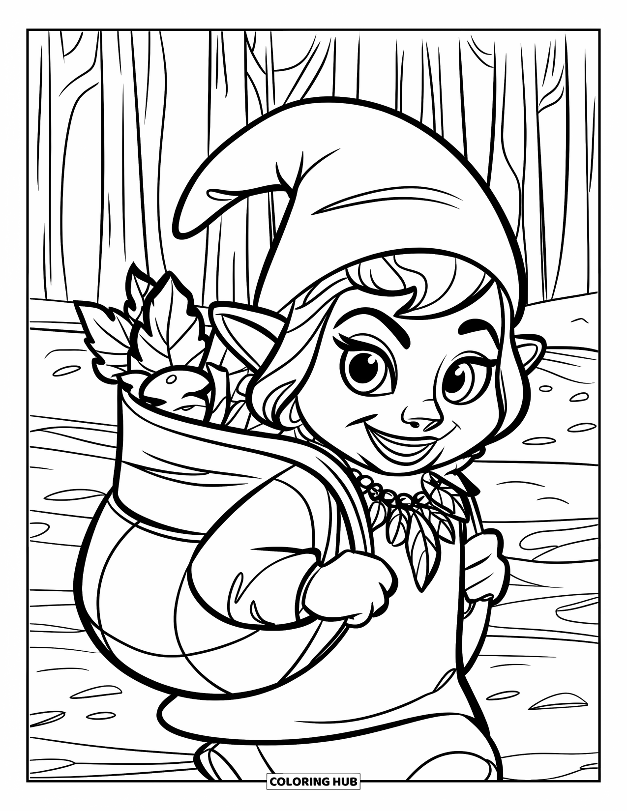 Desen de colorat cu o gnomiță pentru copii: O gnomiță îndrăzneață poartă o traistă plină cu ingrediente rare din pădure