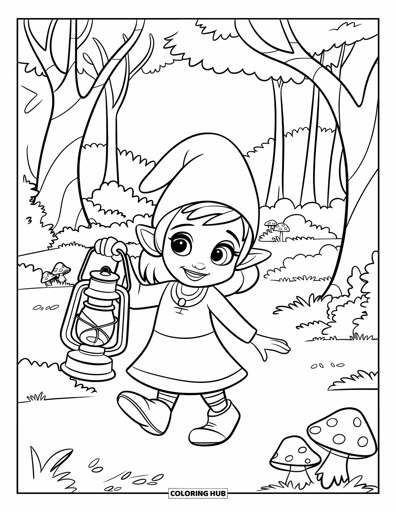 Desen de colorat cu o gnomiță pentru copii: O gnomiță veselă merge printr-o pădure magică, ținând un felinar strălucitor