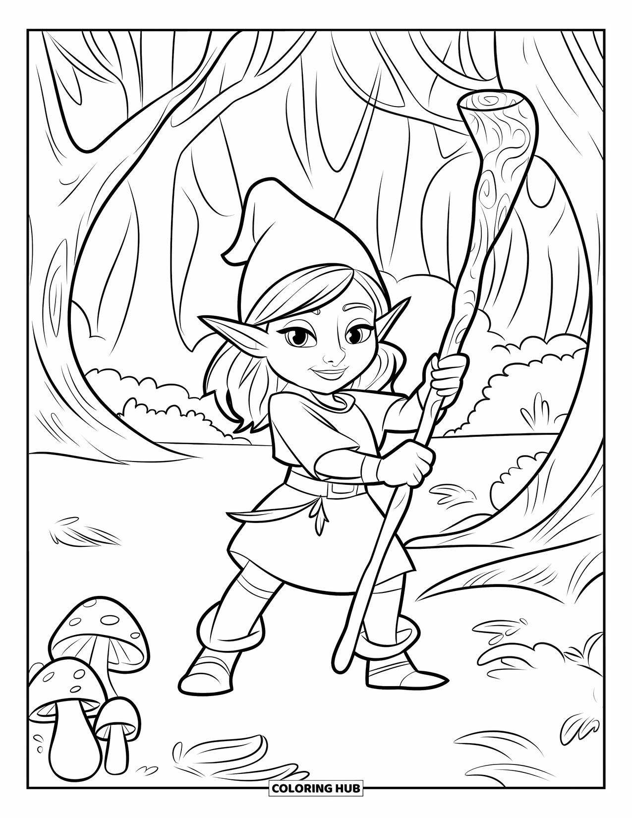 Desen de colorat cu o gnomiță pentru copii: O gnomiță încrezătoare ține un toiag de lemn, stând de gardă într-o pădure mistică
