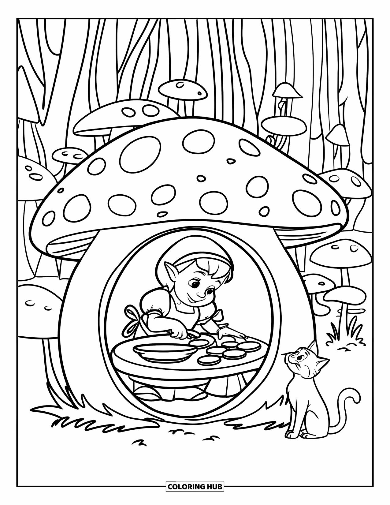 Desen de colorat cu o gnomiță pentru copii: O gnomiță coace biscuiți mici într-o casă confortabilă în formă de ciupercă