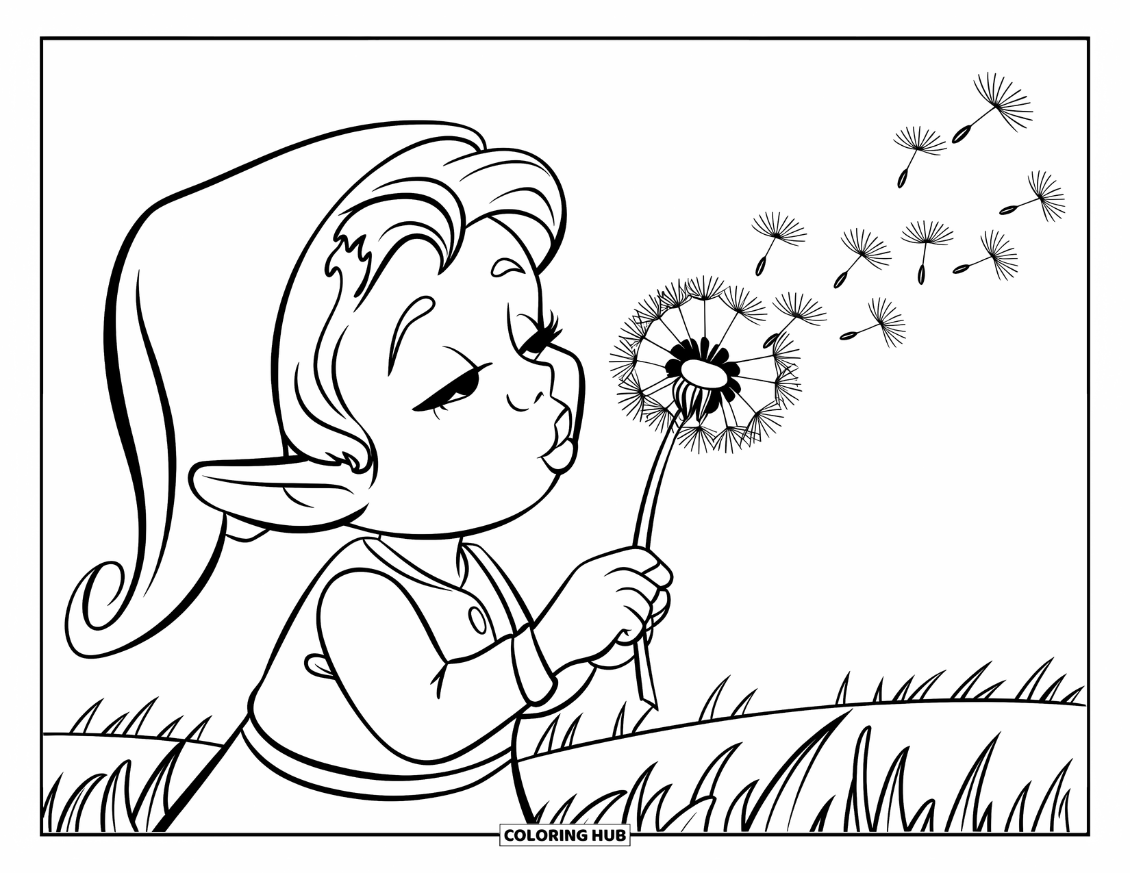 Desen de colorat cu o gnomiță pentru copii: O gnomiță suflă într-o păpădie, urmărind semințele pufoase plutind în derivă