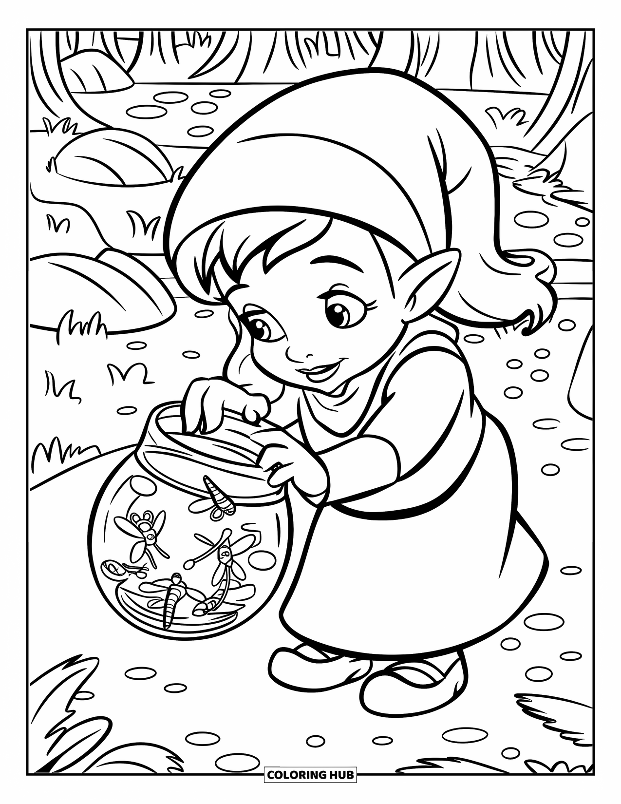 Desen de colorat cu o gnomiță pentru copii: O gnomiță adună licurici lângă o potecă șerpuitoare, înconjurată de copaci înalți