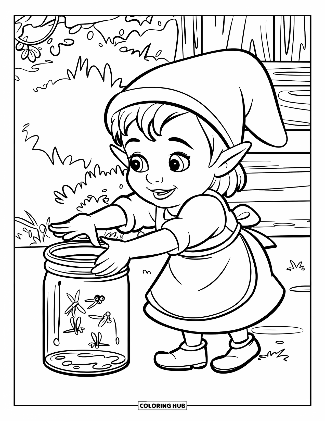 Desen de colorat cu o gnomiță pentru copii: O gnomiță prinde ușor licurici într-un borcan, în timp ce stelele sclipesc deasupra