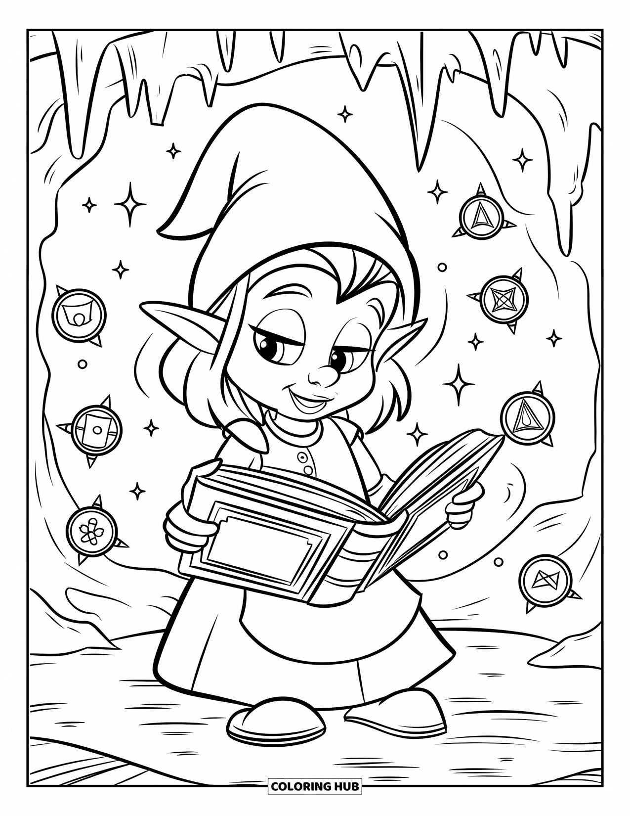 Desen de colorat cu o gnomiță pentru copii: O gnomiță într-o peșteră citește o carte antică în timp ce rune strălucitoare plutesc în apropiere