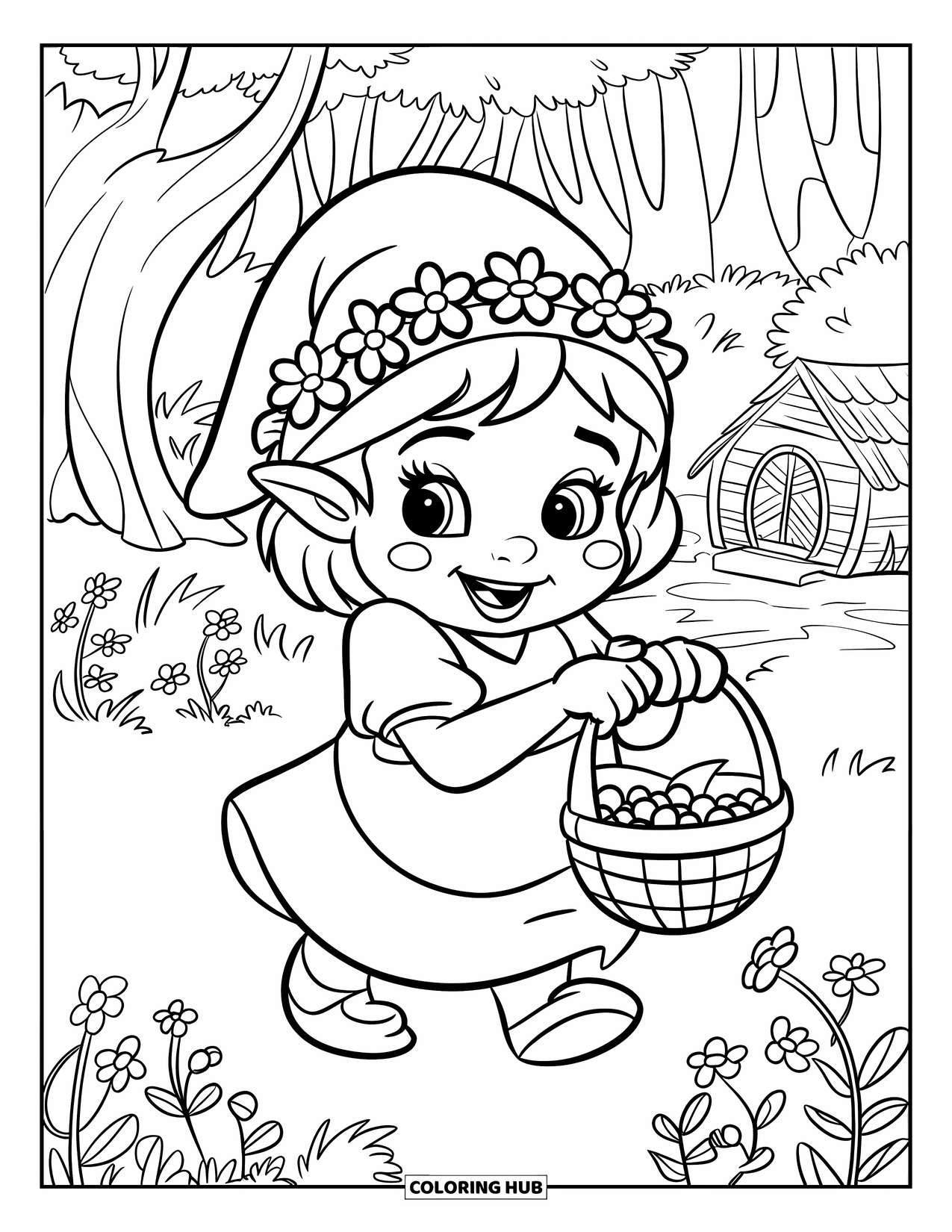 Desen de colorat cu o gnomiță pentru copii: O gnomiță cu o coroană de flori culege fructe de pădure într-o poiană liniștită din pădure