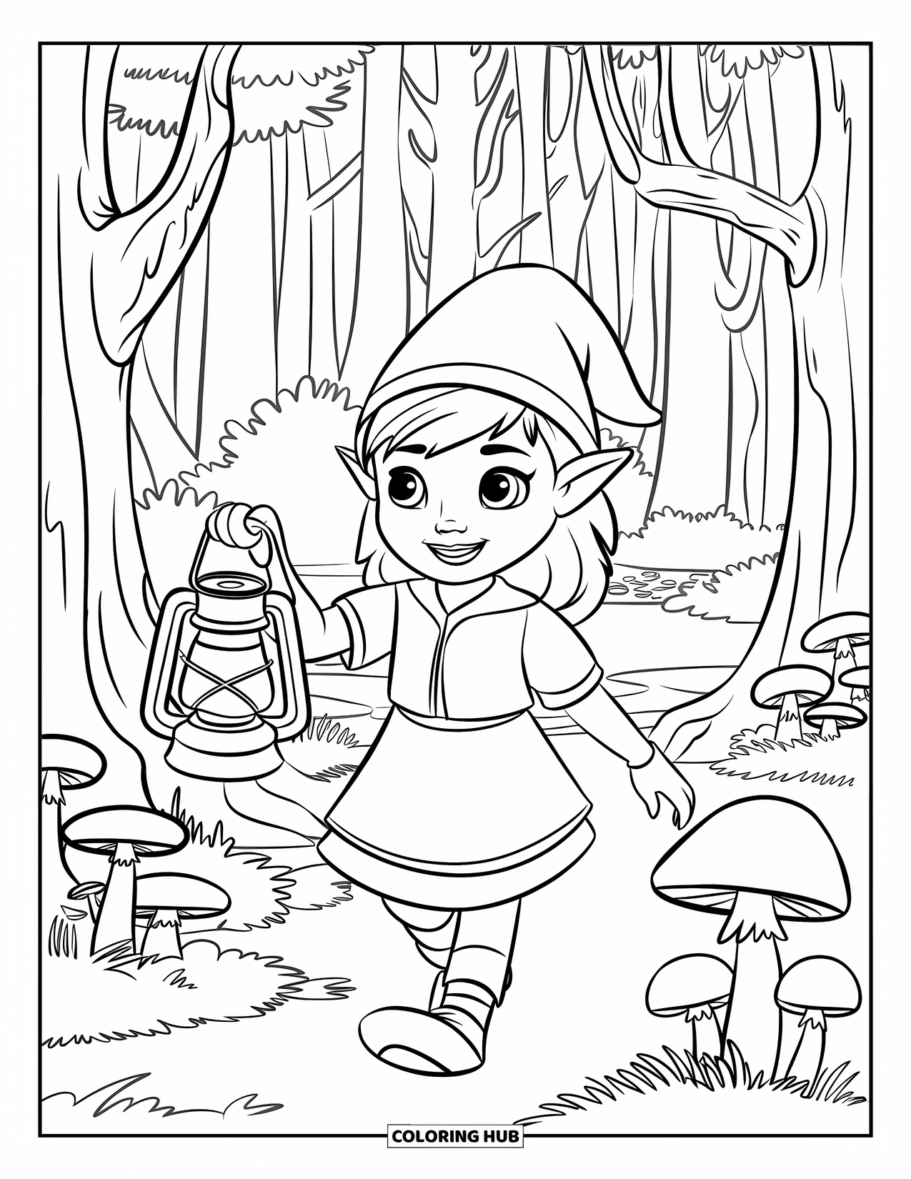 Desen de colorat cu o gnomiță pentru copii: O gnomiță cu o pălărie verde explorează o pădure mistică, ținând un felinar în mână