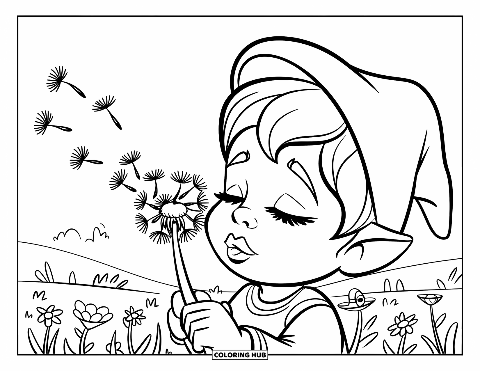 Desen de colorat cu o gnomiță pentru copii: O gnomiță cu o pălărie verde trimite semințe de păpădie plutind în aer