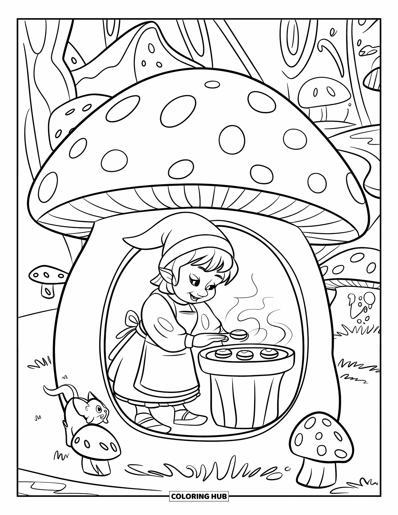 Desen de colorat cu o gnomiță pentru copii: O gnomiță cu o rochie roz coace biscuiți în timp ce o pisică curioasă se uită