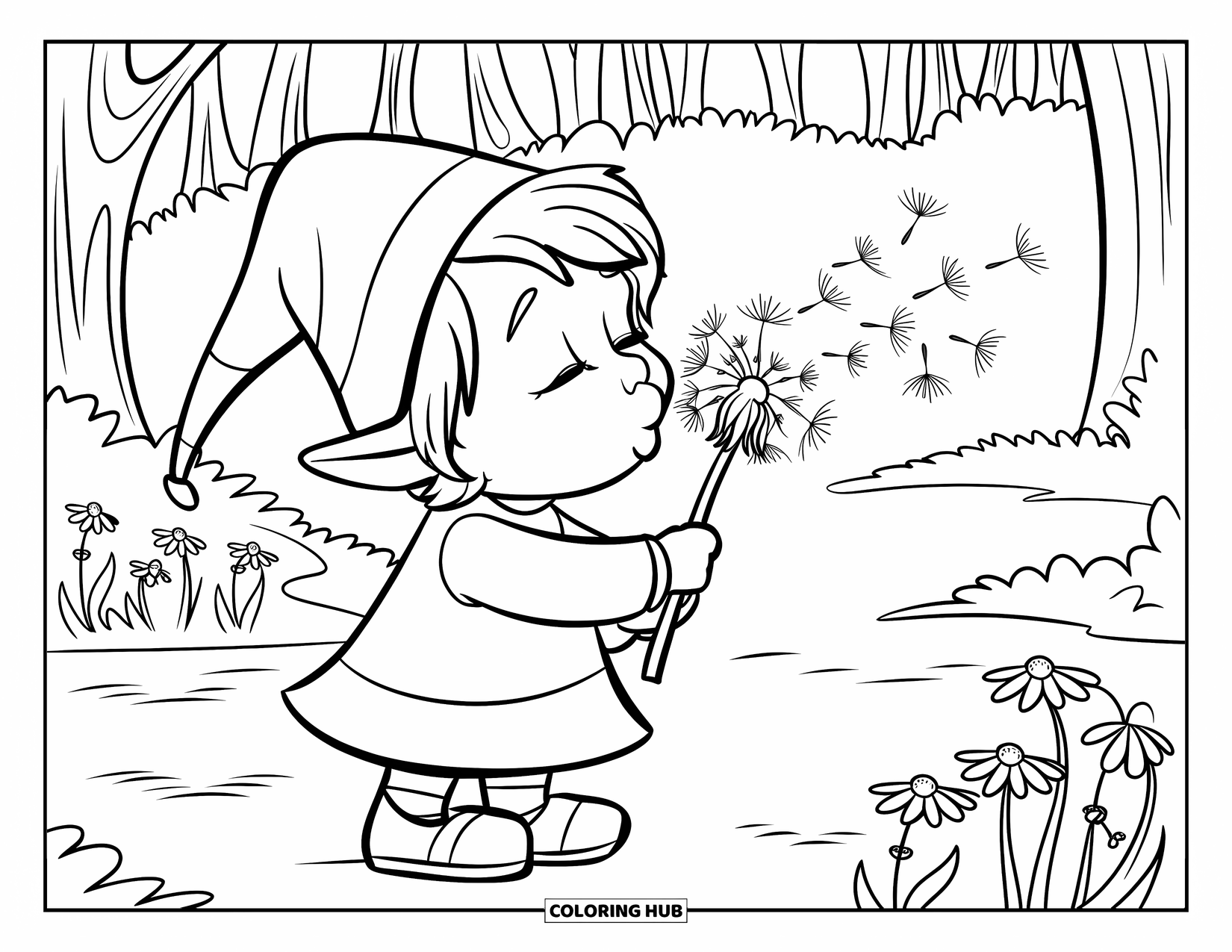 Desen de colorat cu o gnomiță pentru copii: O gnomiță cu o pălărie ascuțită urmărește semințele de păpădie dansând în vânt