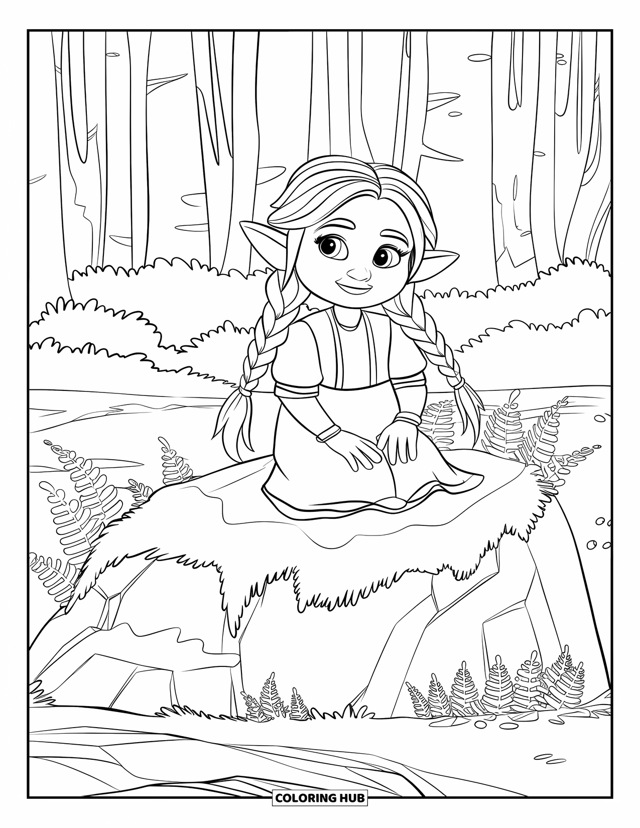 Desen de colorat cu o gnomiță pentru copii: O gnomiță cu o rochie cu buline stă pe o stâncă, cu împletiturile curgând în jos