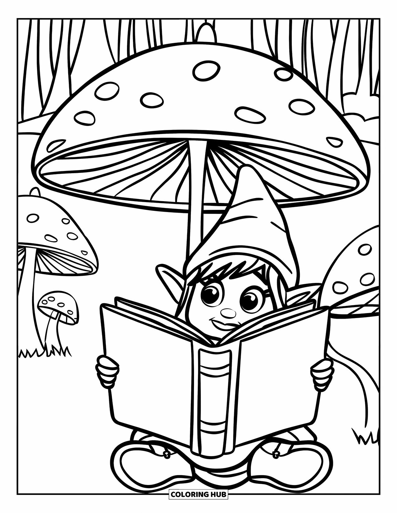 Desen de colorat cu o gnomiță pentru copii: O gnomiță cu o pălărie roșie stă sub o ciupercă uriașă, citind o carte mare