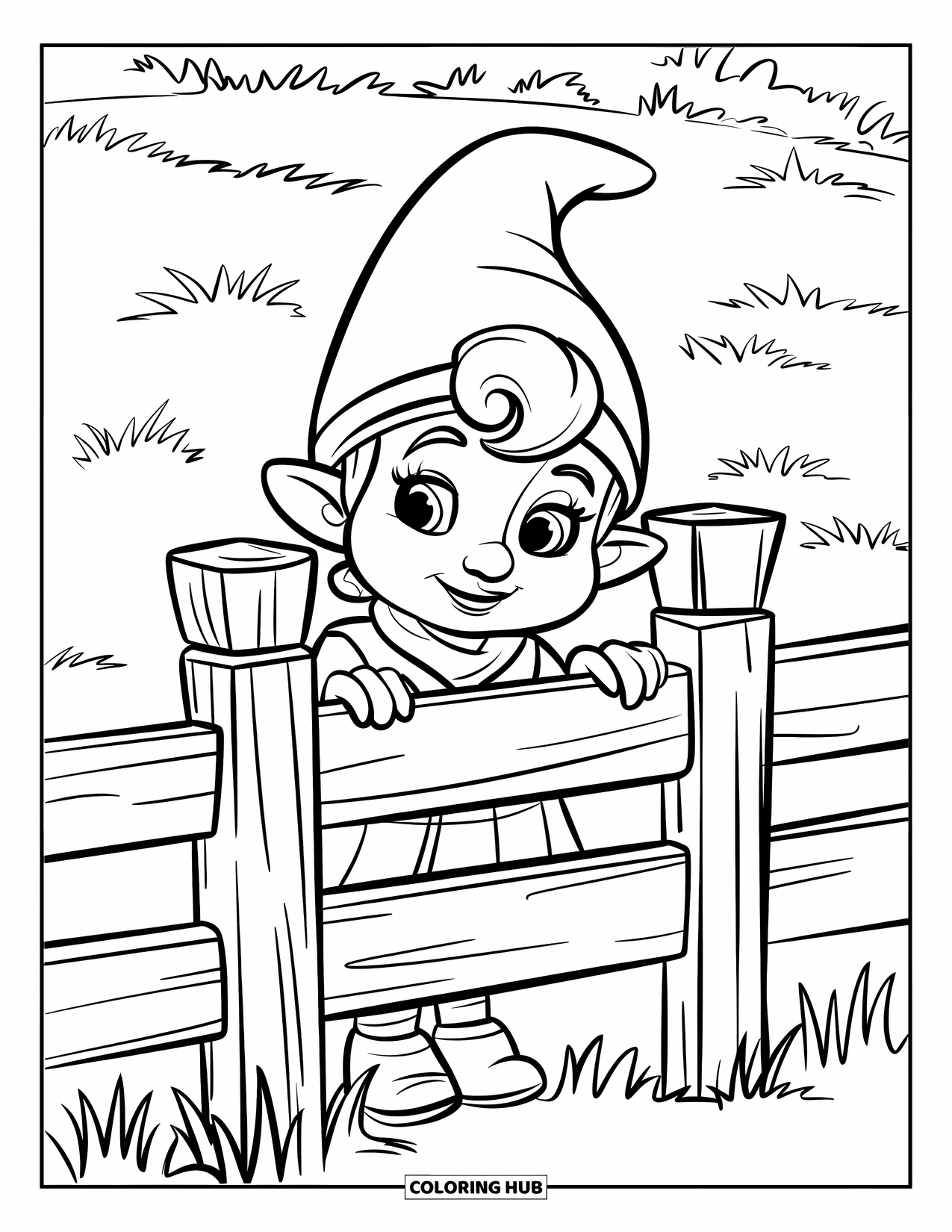 Desen de colorat cu o gnomiță pentru copii: O gnomiță cu o eșarfă roșie se uită curioasă de după un gard de lemn