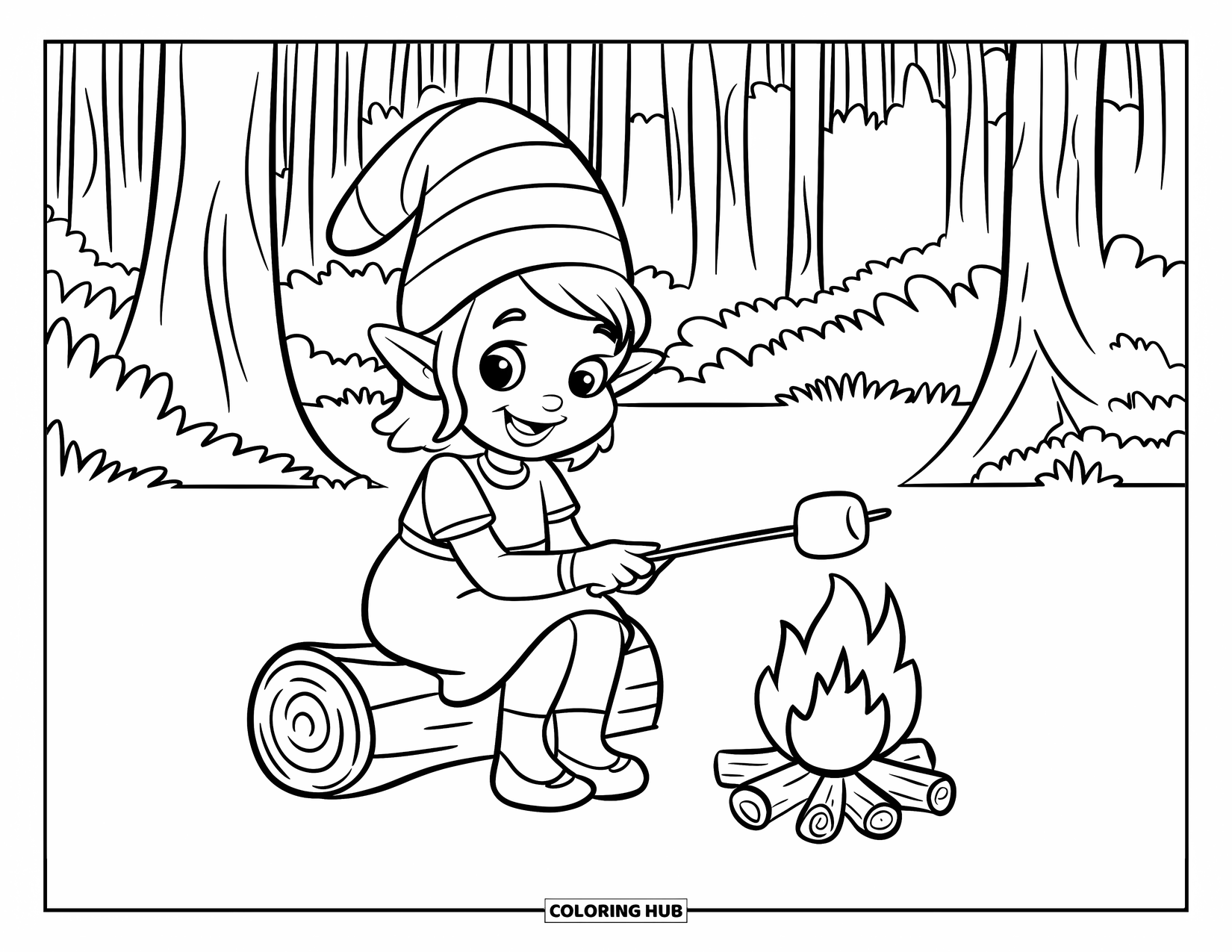 Desen de colorat cu o gnomiță pentru copii: O gnomiță cu o pălărie cu dungi prăjește o bezea la foc