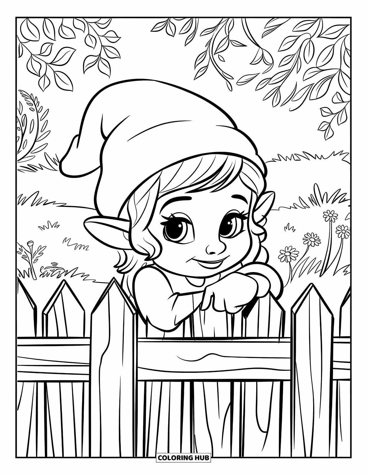 Desen de colorat cu o gnomiță pentru copii: O gnomiță cu o pălărie înclinată se uită de după un gard rustic de lemn