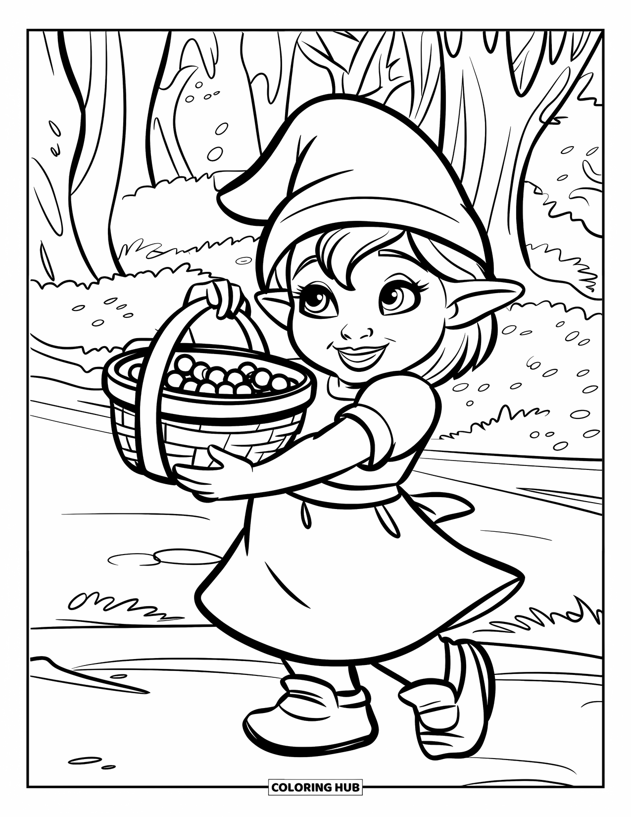 Desen de colorat cu o gnomiță pentru copii: O gnomiță cu o pălărie galbenă ține cu mândrie un coș cu fructe de pădure
