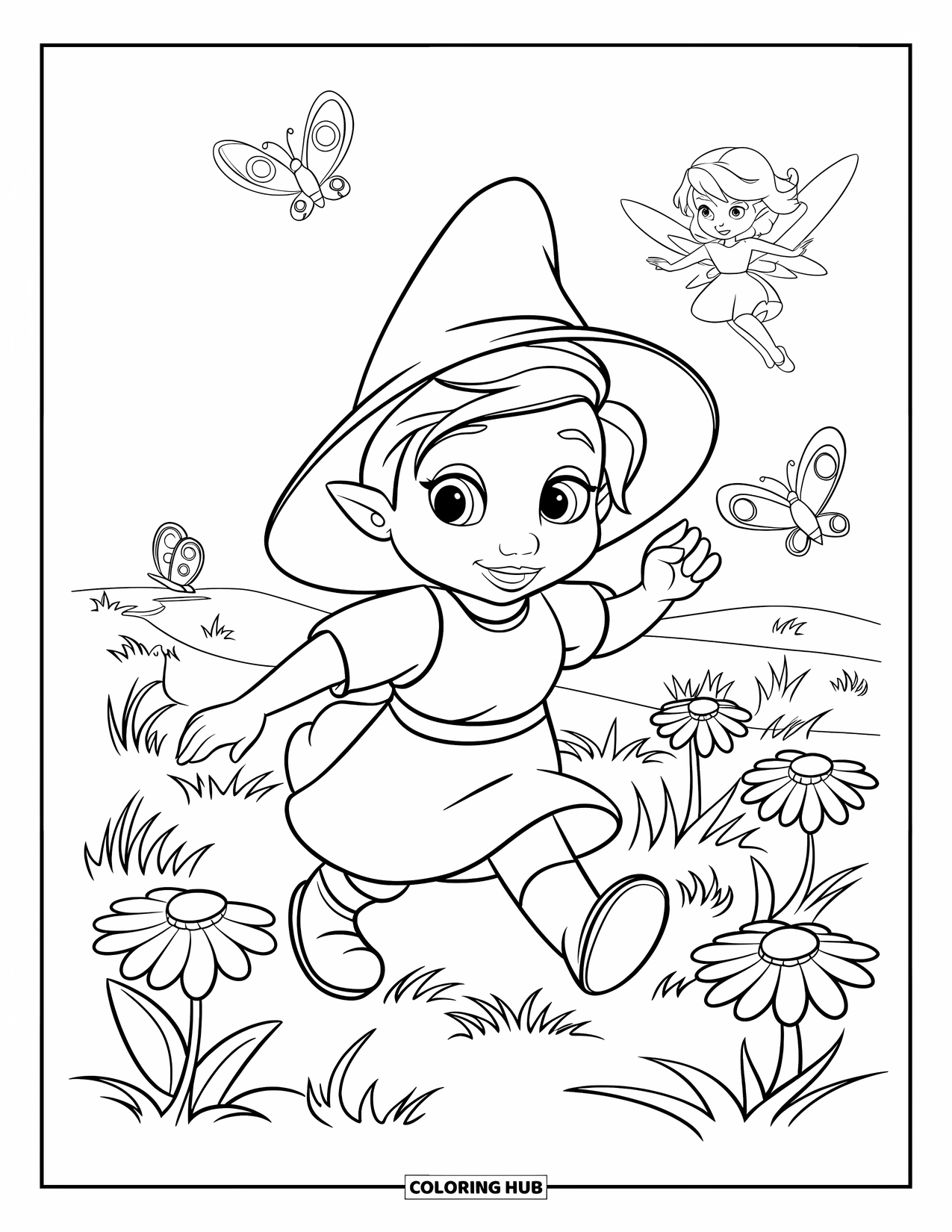 Desen de colorat cu o gnomiță pentru copii: O gnomiță cu o pălărie galbenă aleargă printr-un câmp, cu fluturi zburând în jurul ei