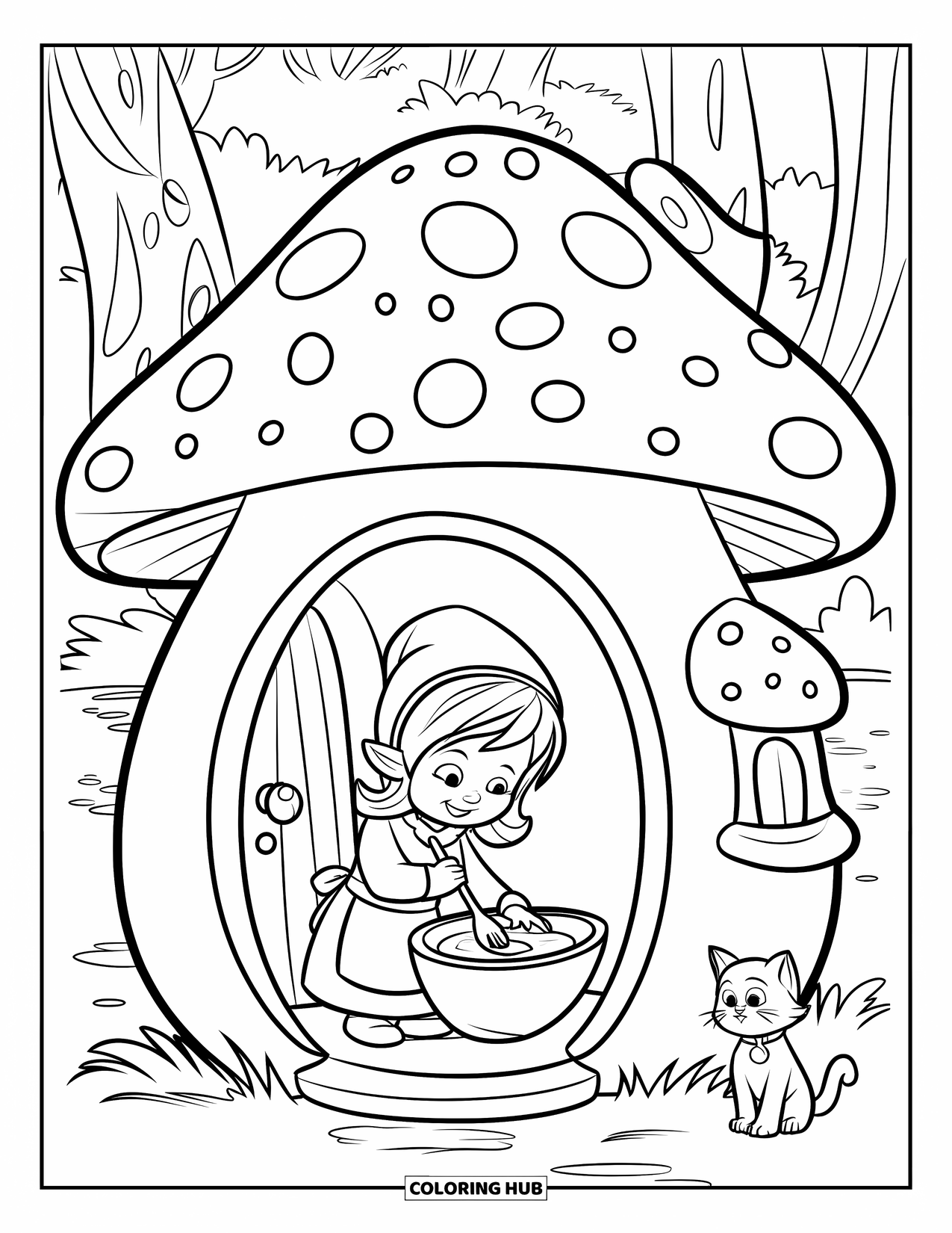 Desen de colorat cu o gnomiță pentru copii: O gnomiță cu șorț coace cu grijă biscuiți în timp ce pisica ei se uită