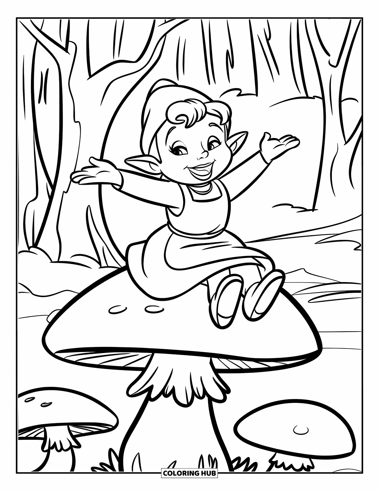 Desen de colorat cu o gnomiță pentru copii: O gnomiță cu șorț stă pe o ciupercă mare, zâmbind larg