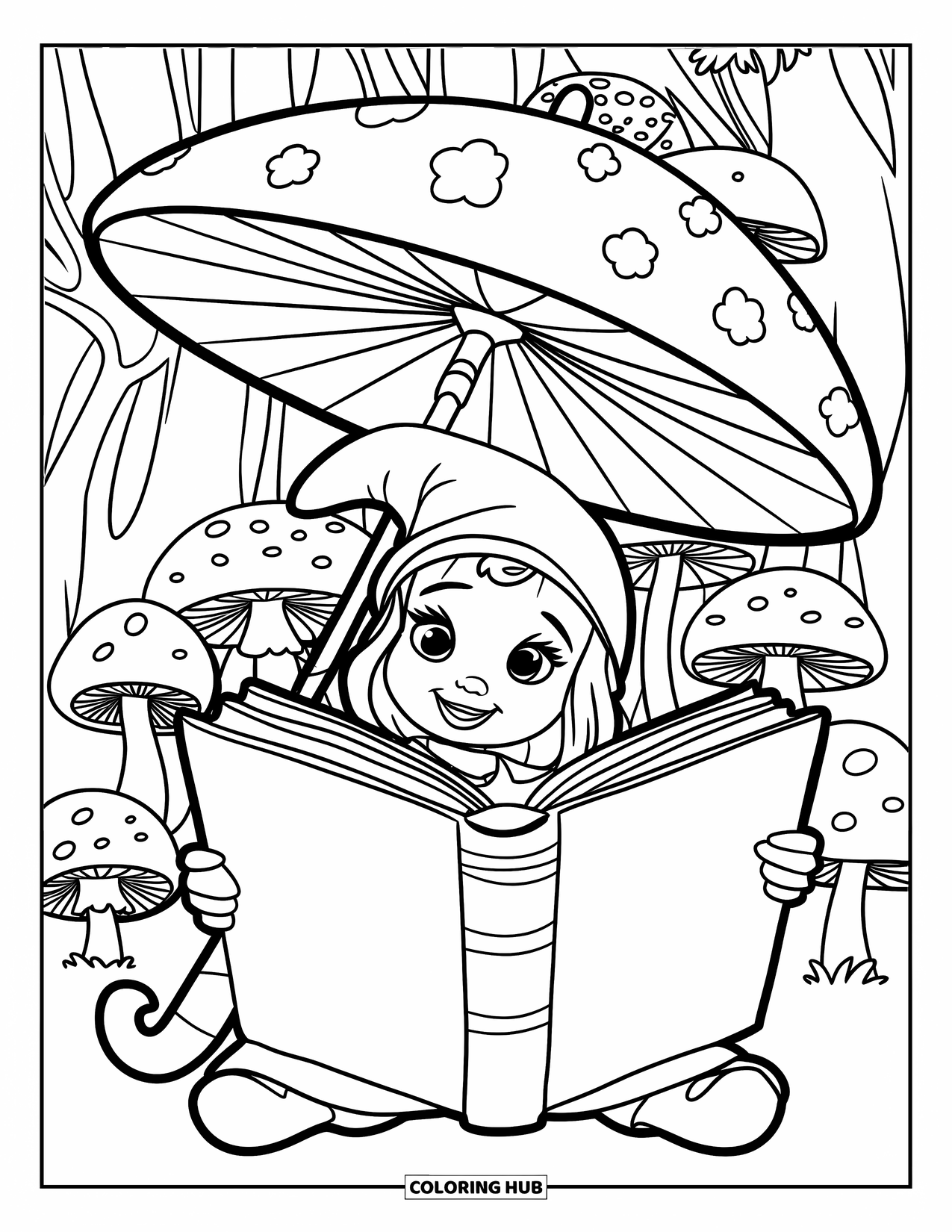 Desen de colorat cu o gnomiță pentru copii: O gnomiță cu șorț stă sub o umbrelă de ciupercă, pierdută într-o carte