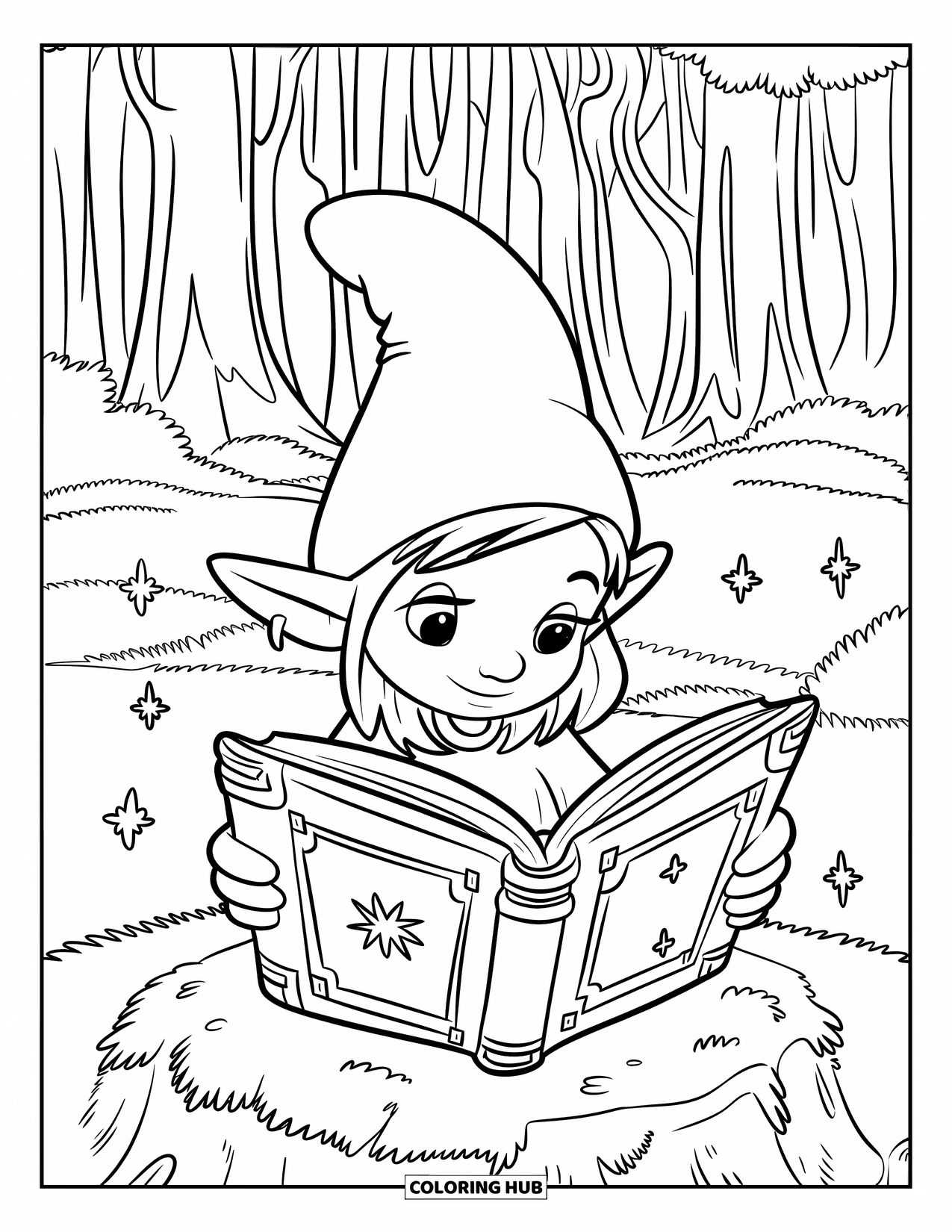 Desen de colorat cu o gnomiță pentru copii: O gnomiță pe o stâncă acoperită de mușchi citește o carte veche în timp ce simboluri plutesc în aer