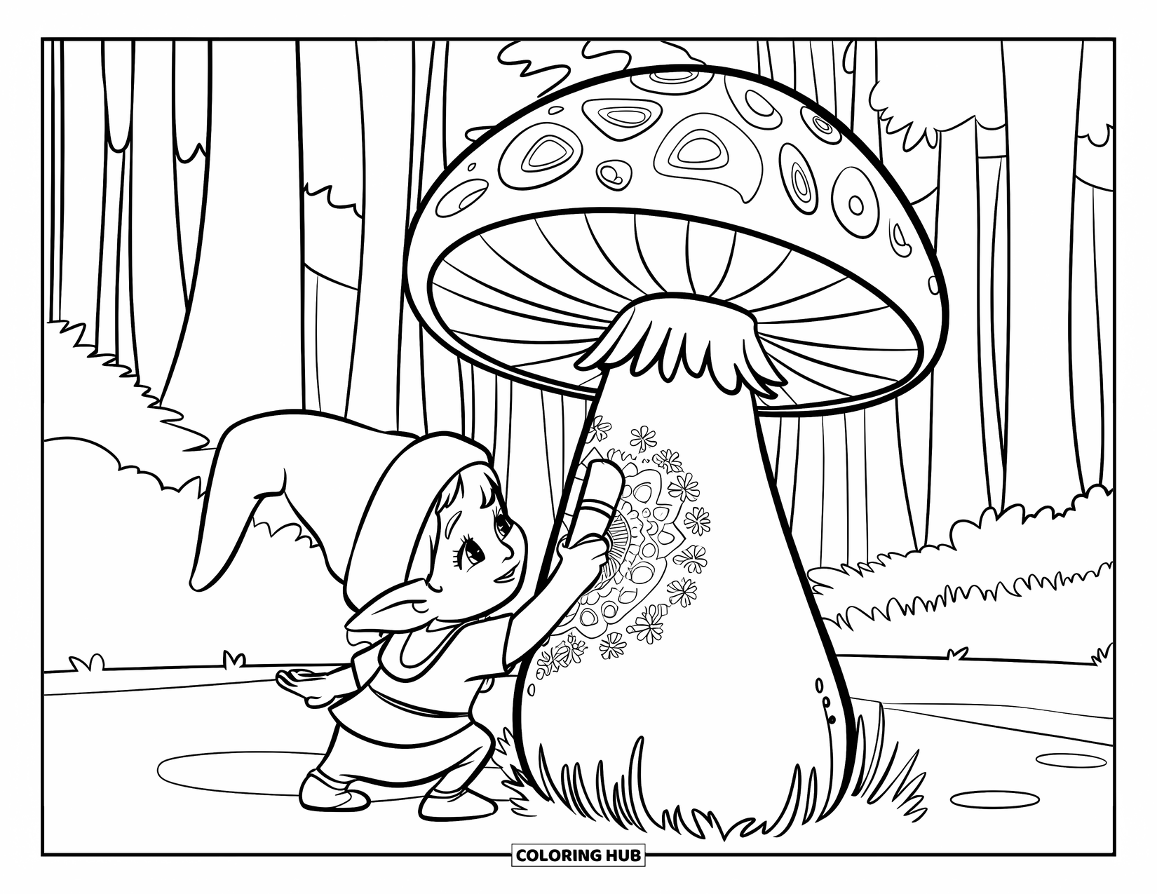 Desen de colorat cu o gnomiță pentru copii: O gnomiță pictează modele pe o ciupercă uriașă într-o pădure liniștită