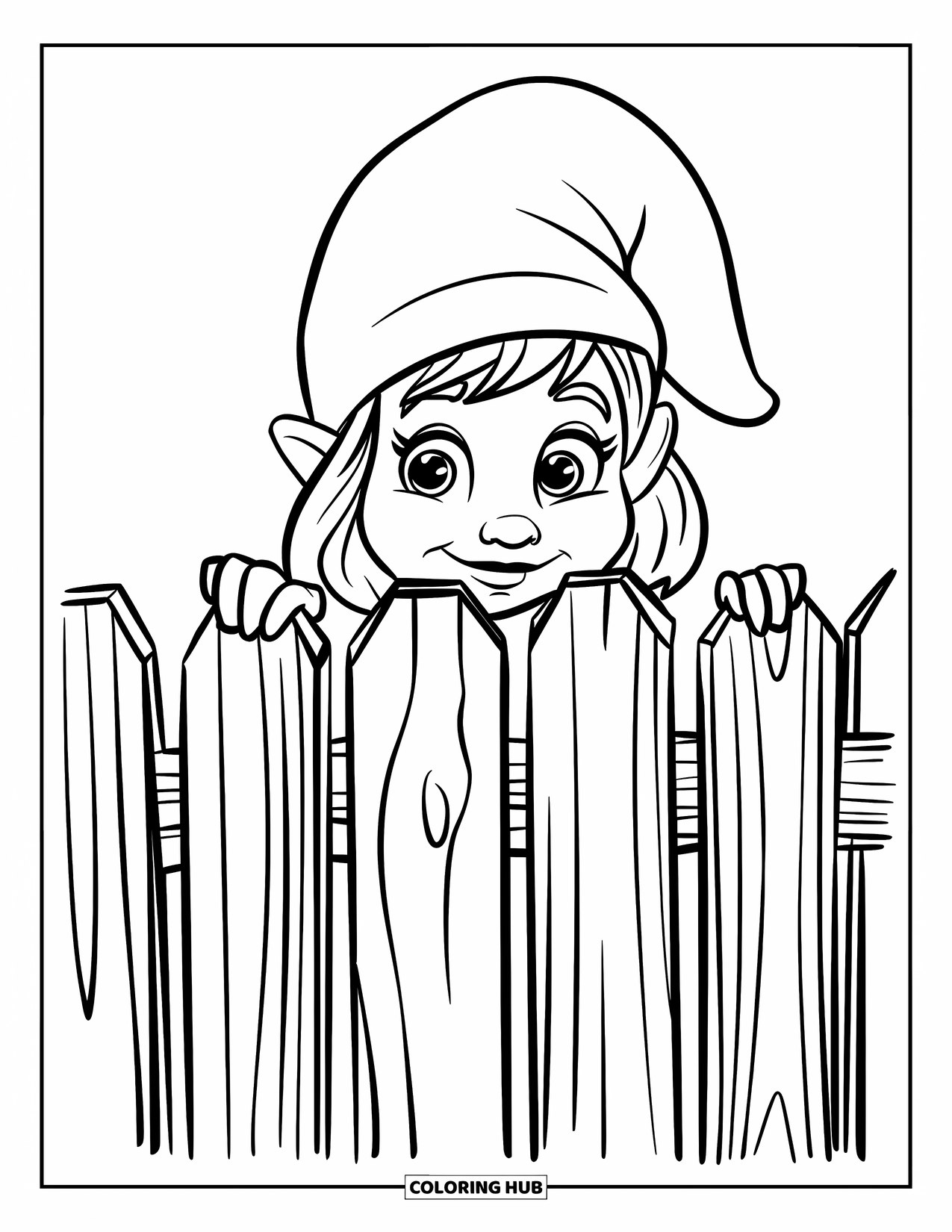 Desen de colorat cu o gnomiță pentru copii: O gnomiță se uită de după un gard de lemn cu un zâmbet jucăuș