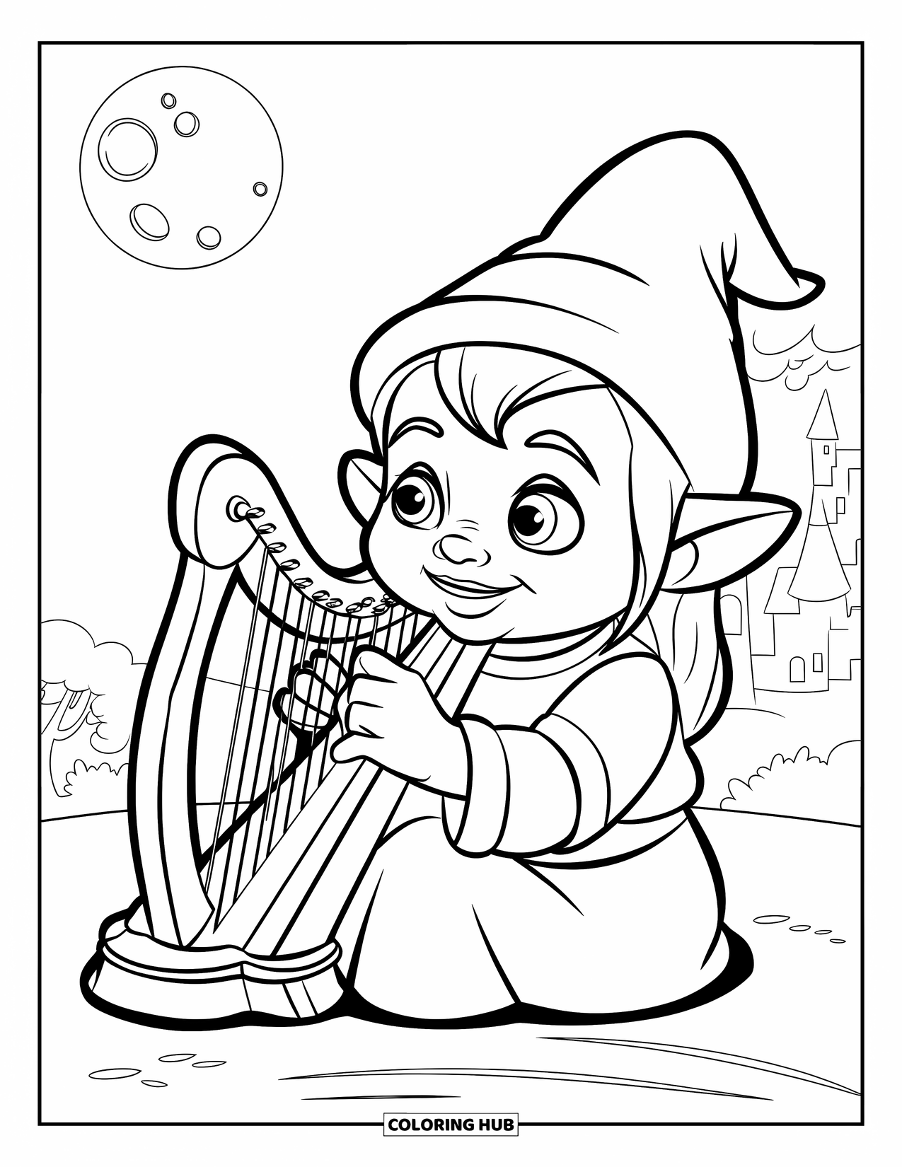 Desen de colorat cu o gnomiță pentru copii: O gnomiță cântă la o harpă mică sub o lună strălucitoare