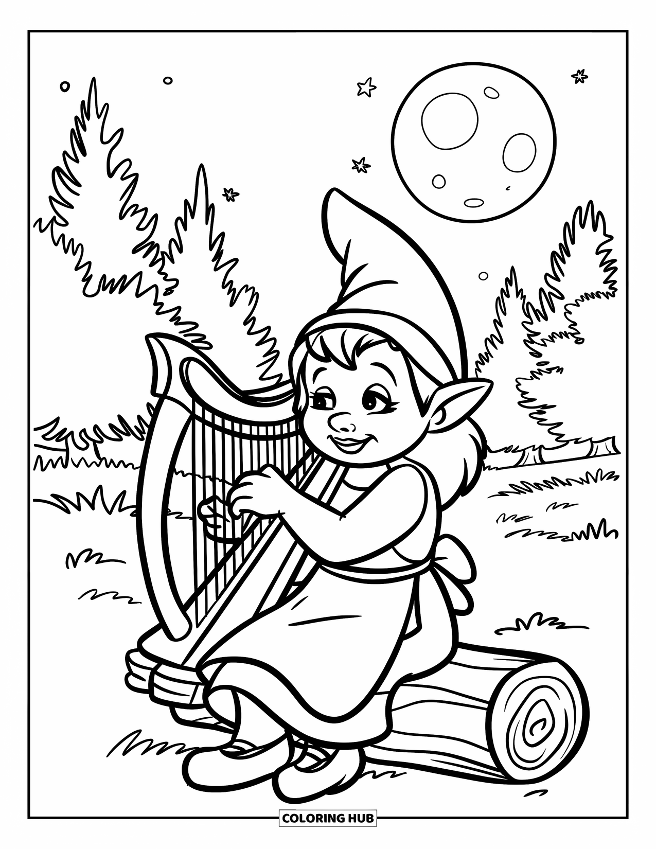 Desen de colorat cu o gnomiță pentru copii: O gnomiță cântă la harpă sub un cer înstelat, înconjurată de copaci înalți