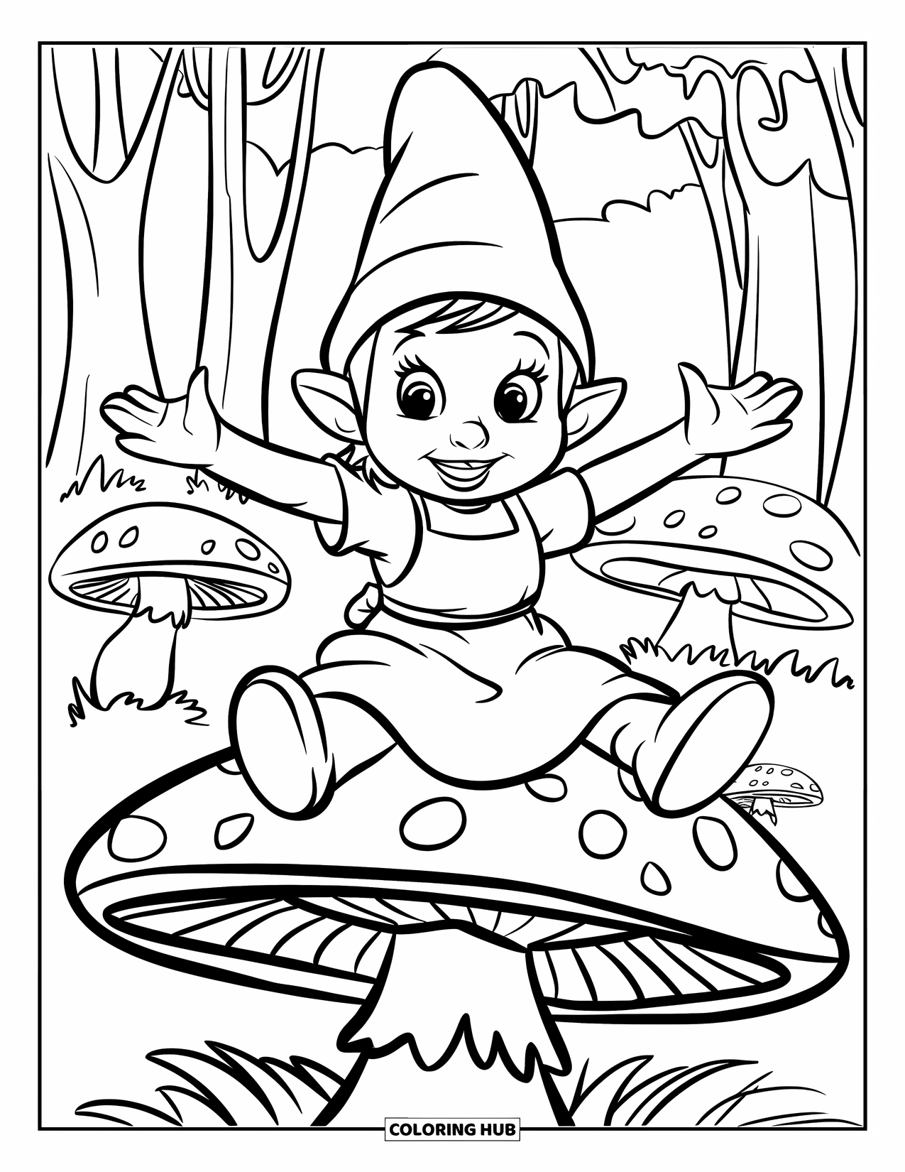 Desen de colorat cu o gnomiță pentru copii: O gnomiță stă în vârful unei ciuperci uriașe, cu brațele întinse larg de bucurie