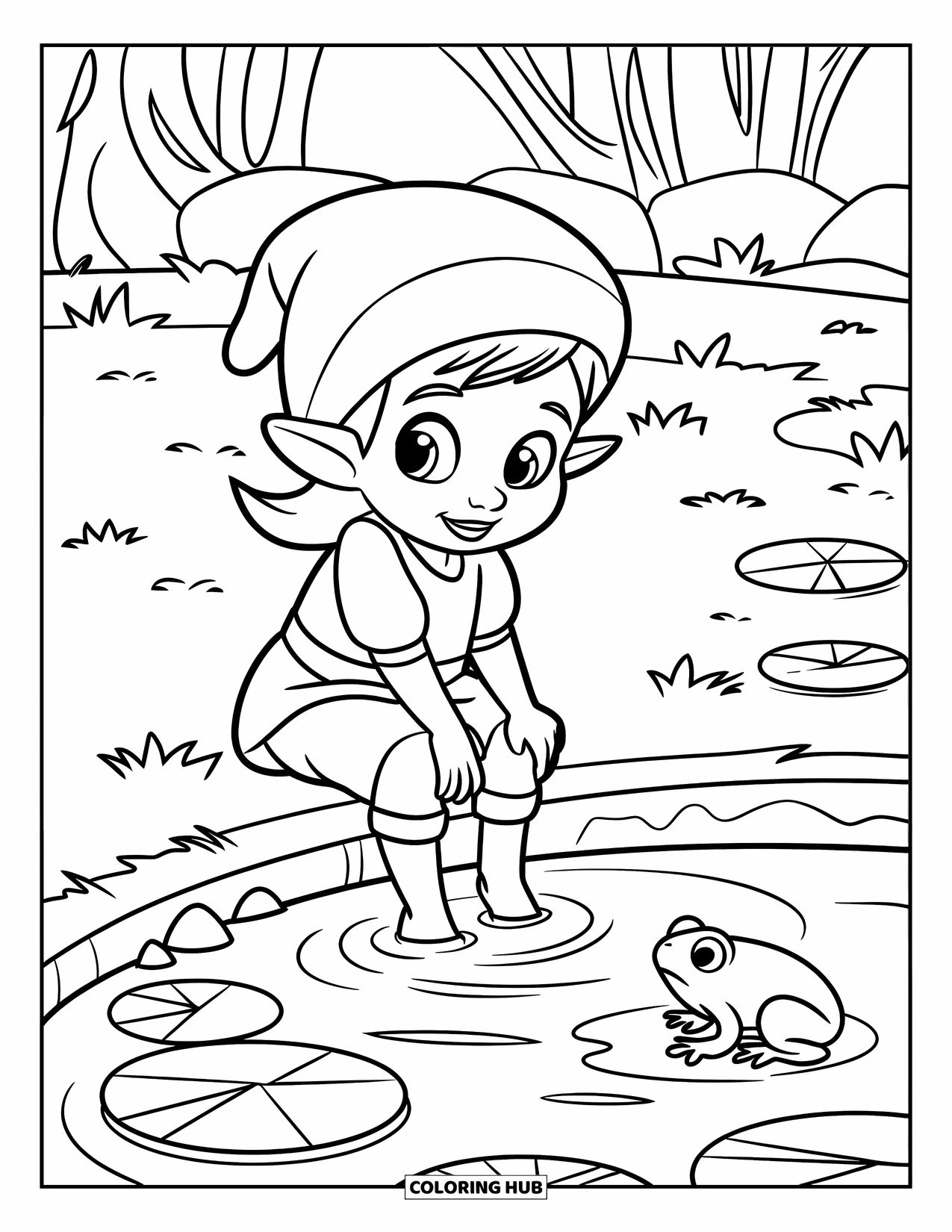 Desen de colorat cu o gnomiță pentru copii: O gnomiță stă lângă un iaz, scufundându-și degetele de la picioare în apă