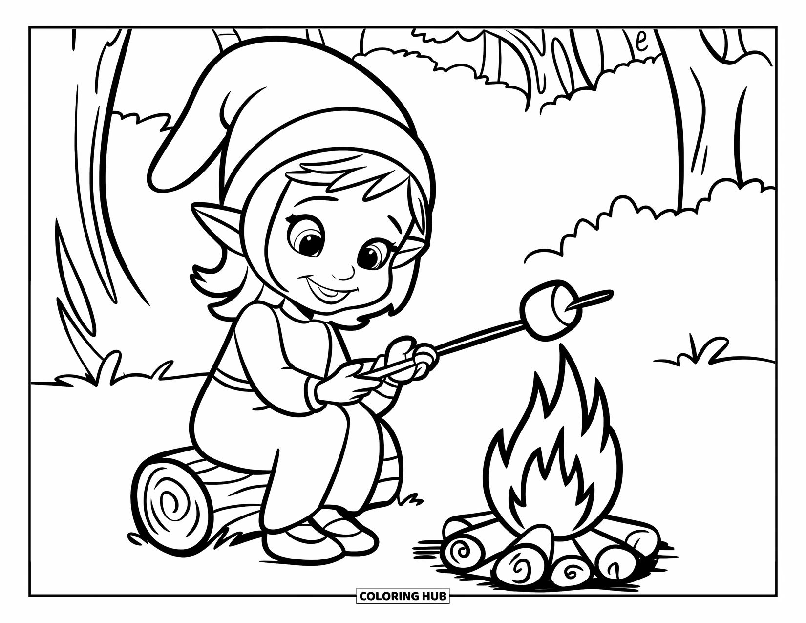 Desen de colorat cu o gnomiță pentru copii: O gnomiță stă pe un trunchi, prăjind o bezea sub cerul nopții