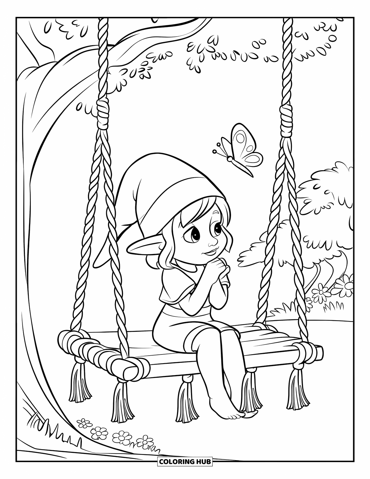 Desen de colorat cu o gnomiță pentru copii: O gnomiță stă pe un leagăn de macrame, bucurându-se de pădurea liniștită