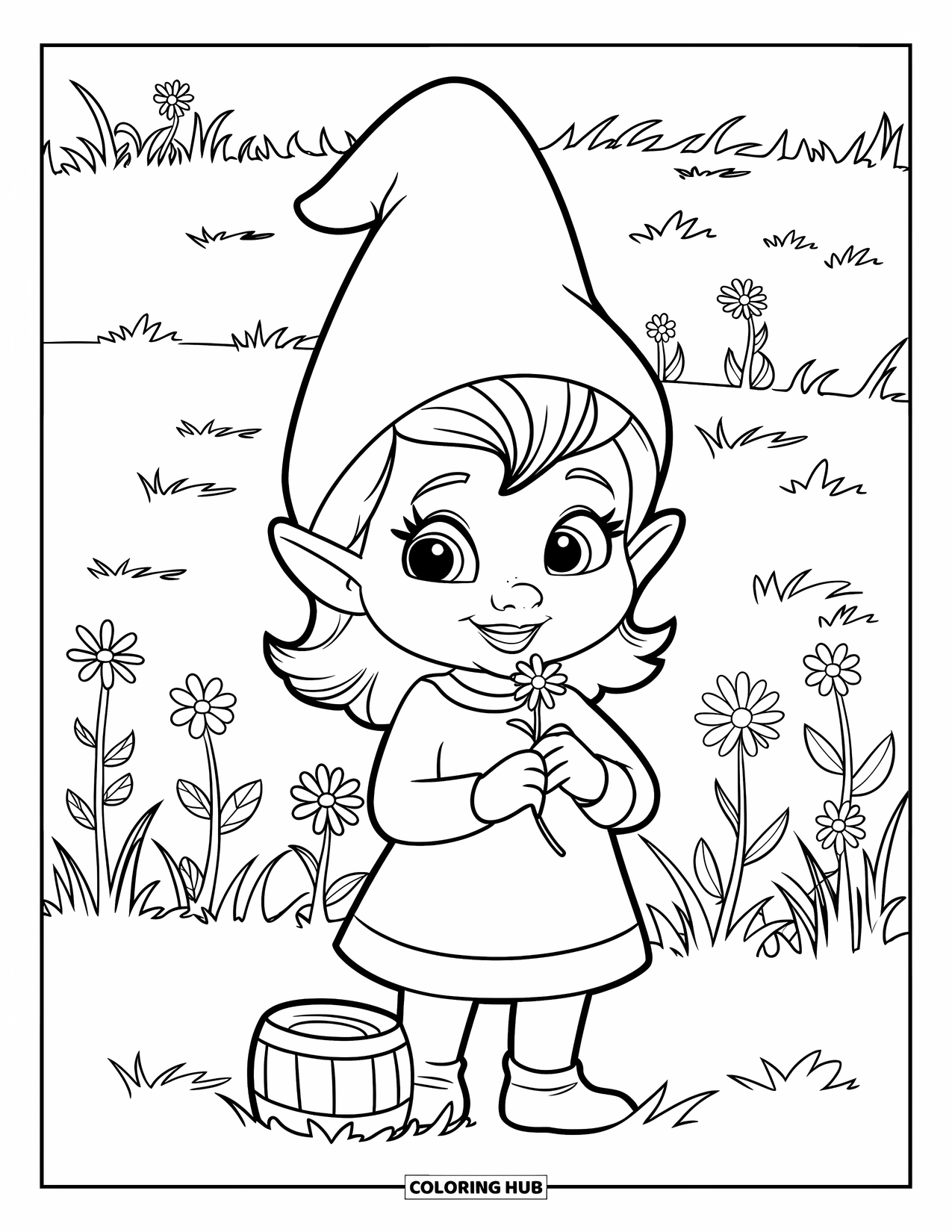 Desen de colorat cu o gnomiță pentru copii: O gnomiță stă într-un câmp de flori sălbatice, ținând la piept o floare delicată