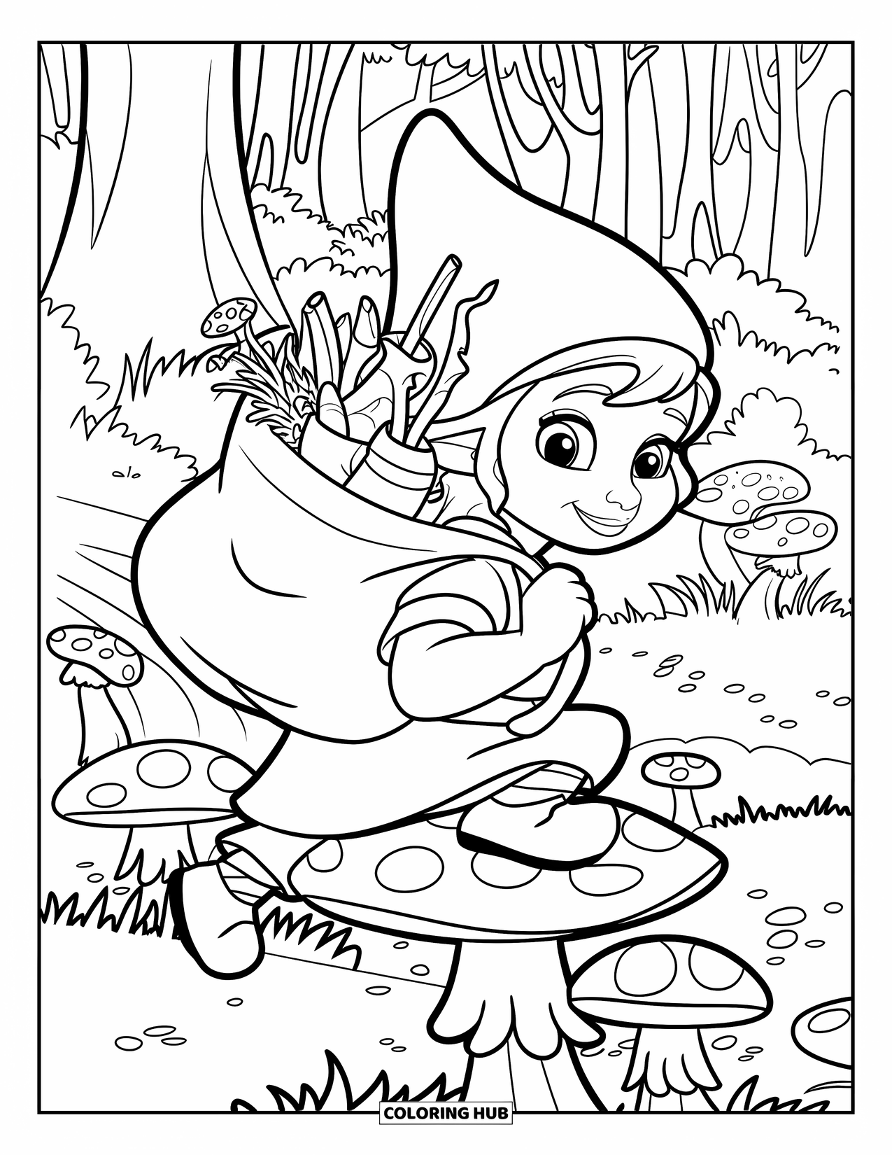Desen de colorat cu o gnomiță pentru copii: O gnomiță stă pe o ciupercă, purtând o traistă plină cu ierburi și fructe de pădure