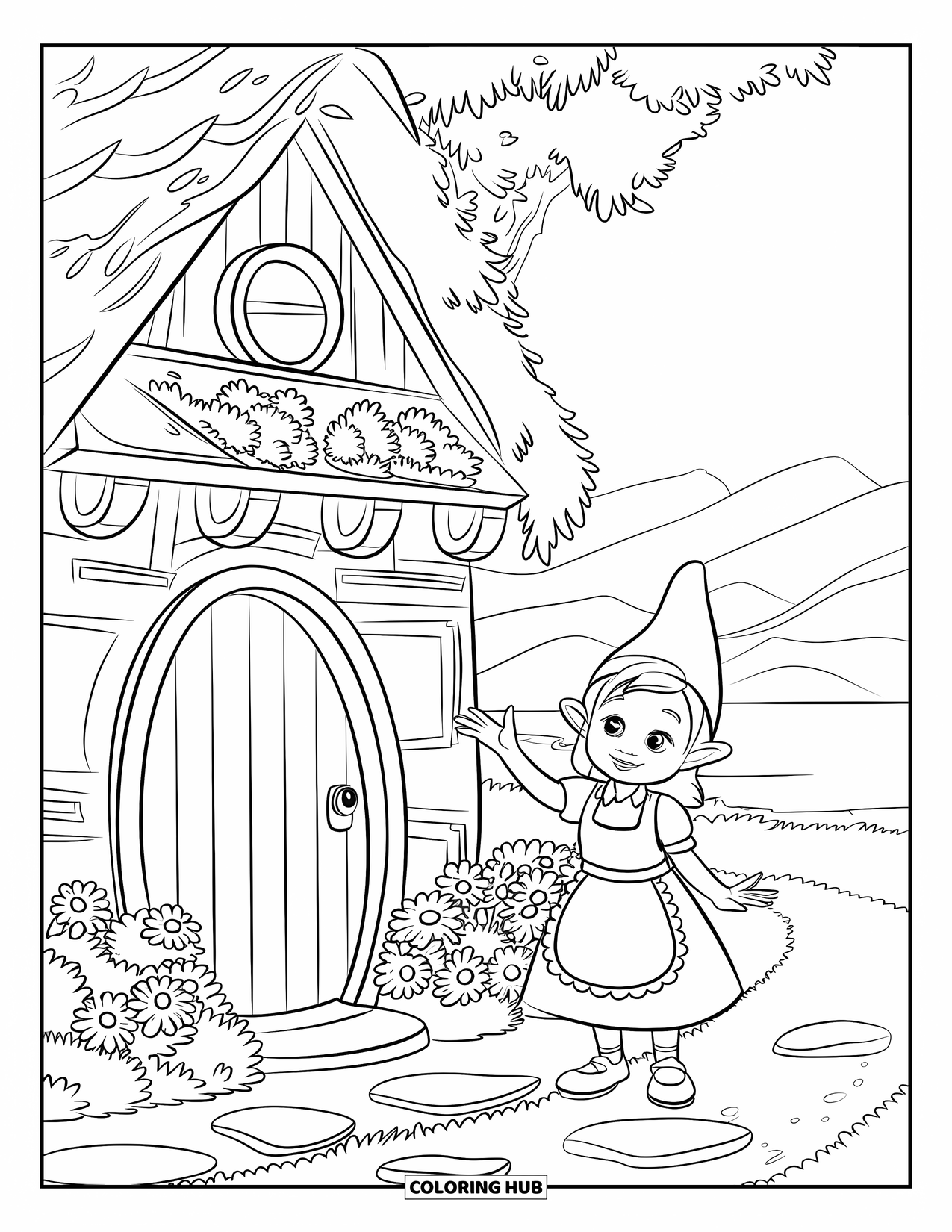 Desen de colorat cu o gnomiță pentru copii: O gnomiță stă în fața casei sale cu ușă rotundă, făcând cu mâna cu un zâmbet cald