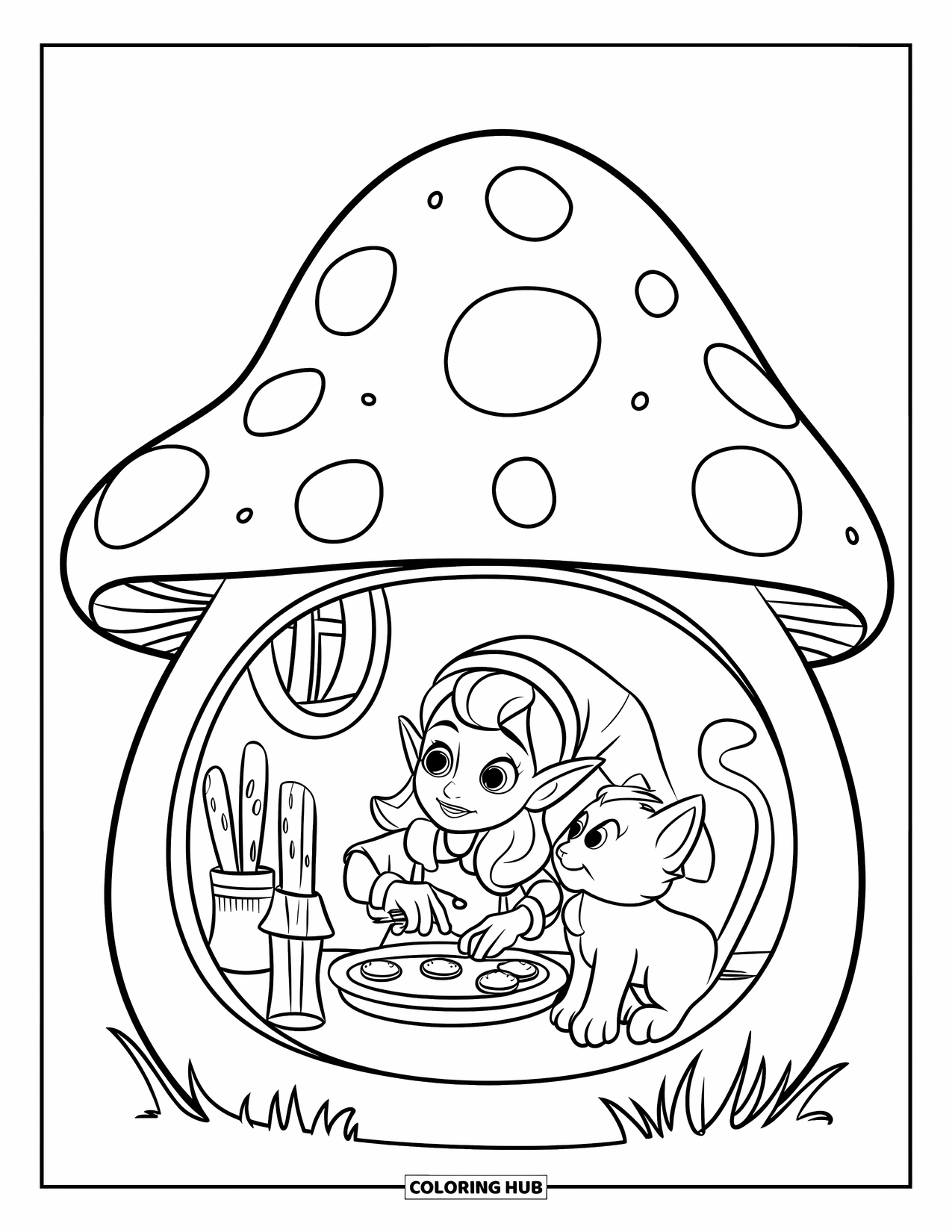 Desen de colorat cu o gnomiță pentru copii: O gnomiță amestecă aluat în timp ce coace biscuiți într-o casă în formă de ciupercă