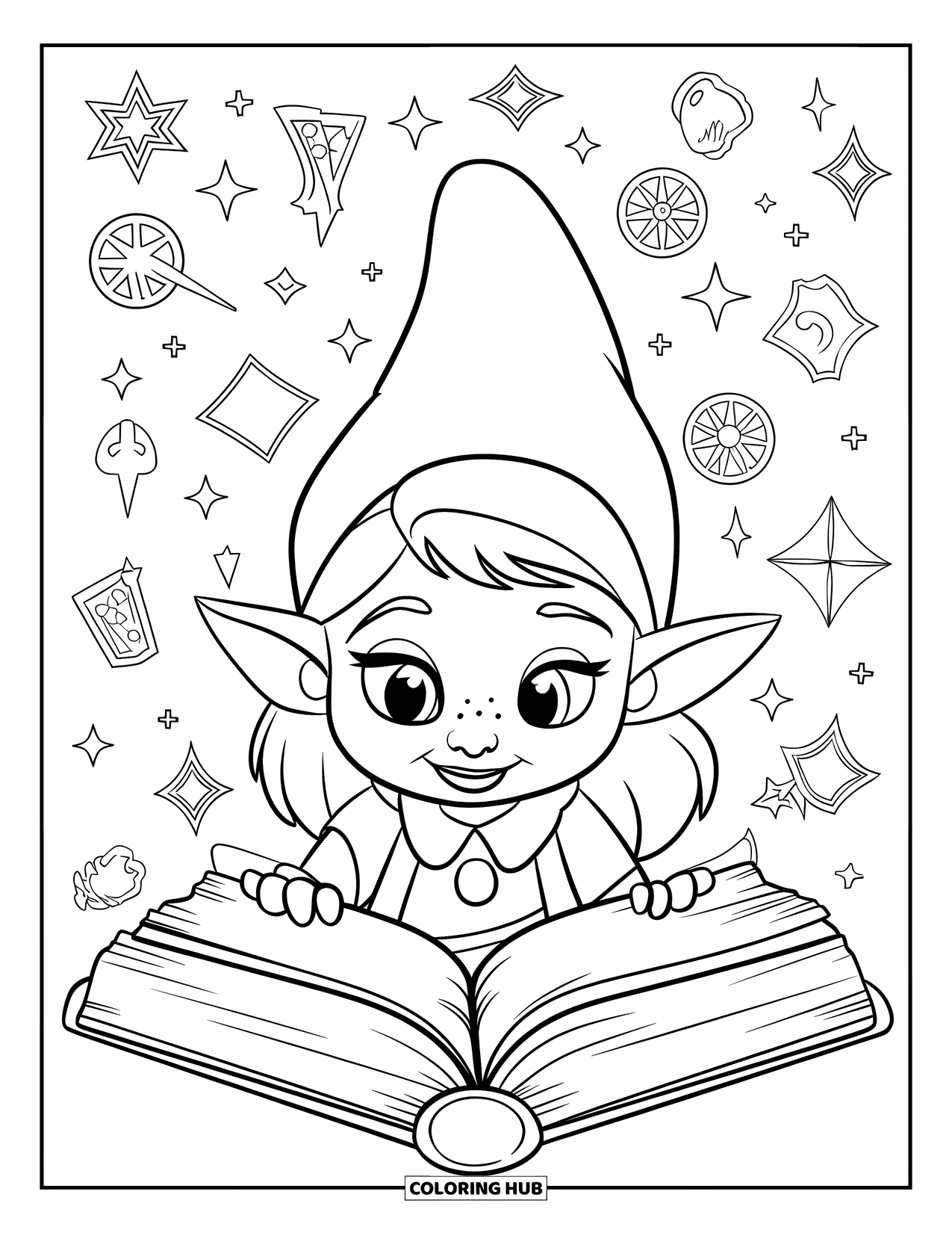 Desen de colorat cu o gnomiță pentru copii: O gnomiță studiază o carte antică, simboluri magice strălucind în jurul ei