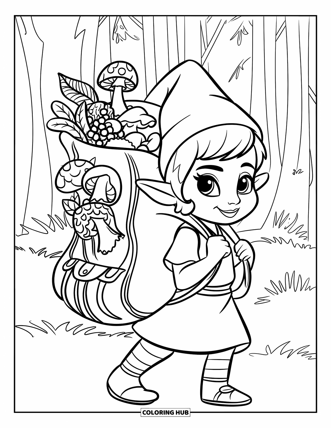 Desen de colorat cu o gnomiță pentru copii: O gnomiță merge printr-o pădure luxuriantă, purtând o traistă cu plante adunate