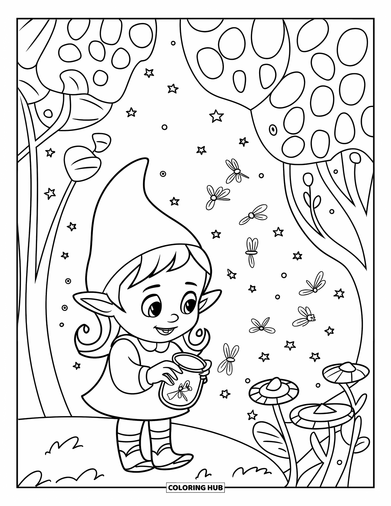 Desen de colorat cu o gnomiță pentru copii: O gnomiță urmărește licuricii dansând în timp ce îi adună într-un borcan mic de sticlă