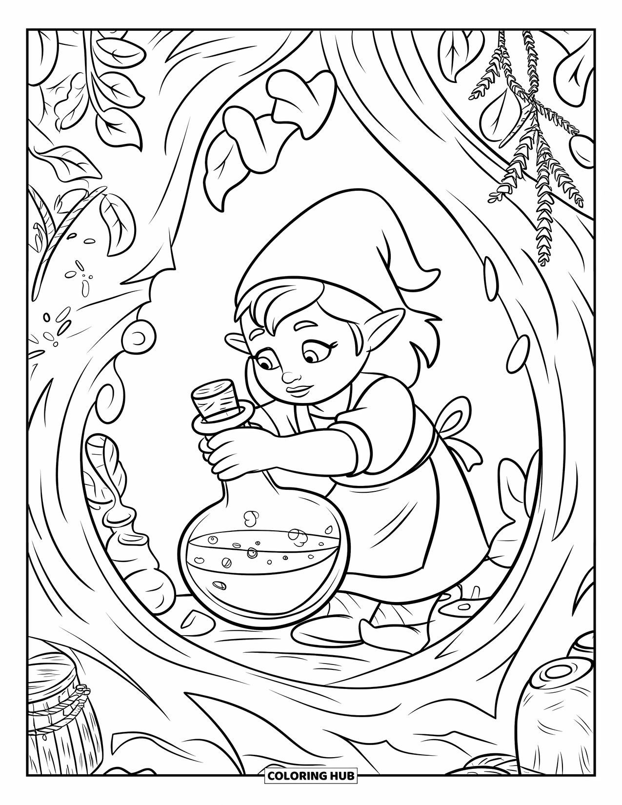 Desen de colorat cu o gnomiță pentru copii: O gnomiță, purtând o pălărie ascuțită, amestecă o poțiune în timp ce este înconjurată de ierburi mistice