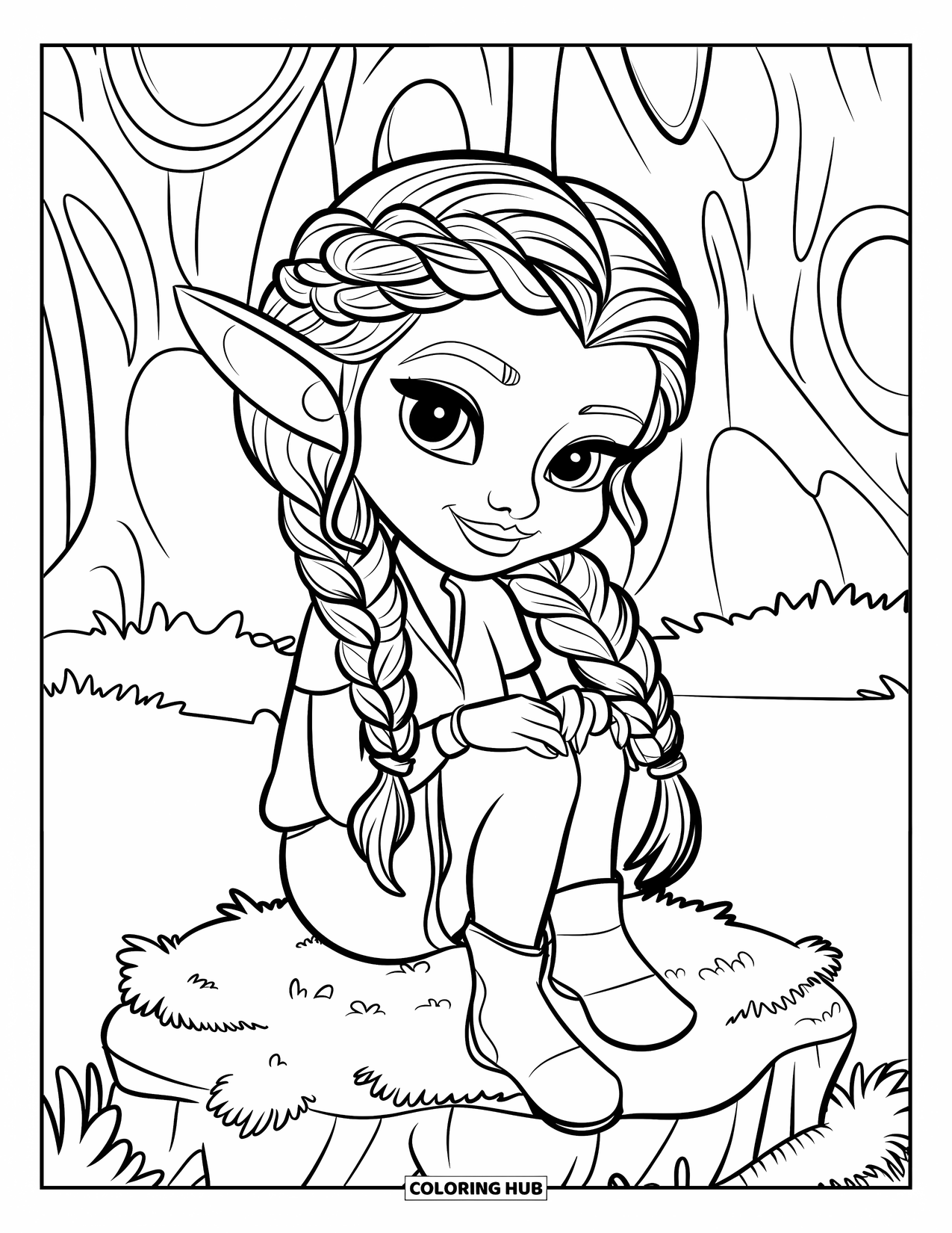 Desen de colorat cu o gnomiță pentru copii: O gnomiță cu păr împletit stă pe o stâncă acoperită de mușchi, înconjurată de copaci înalți