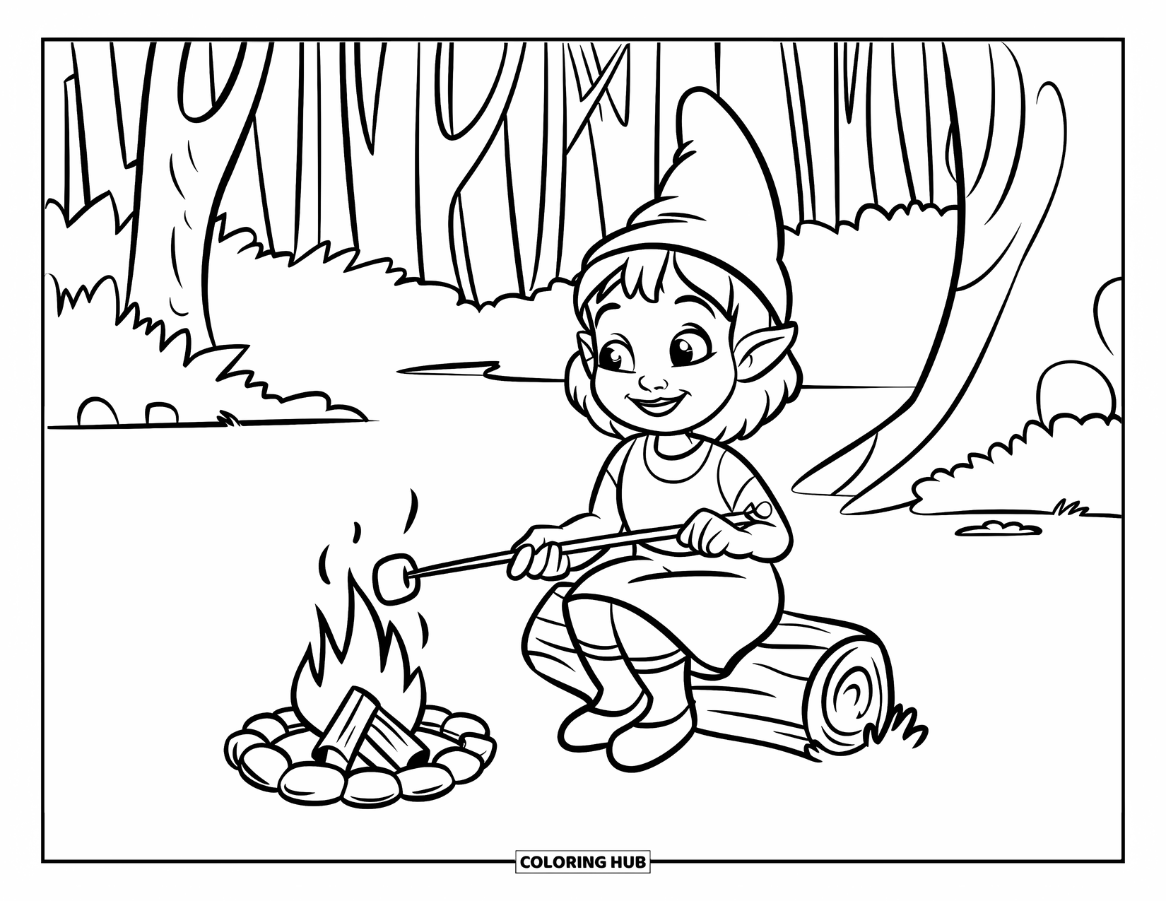 Desen de colorat cu o gnomiță pentru copii: O gnomiță fericită prăjește o bezea deasupra unui foc mic de tabără în pădure