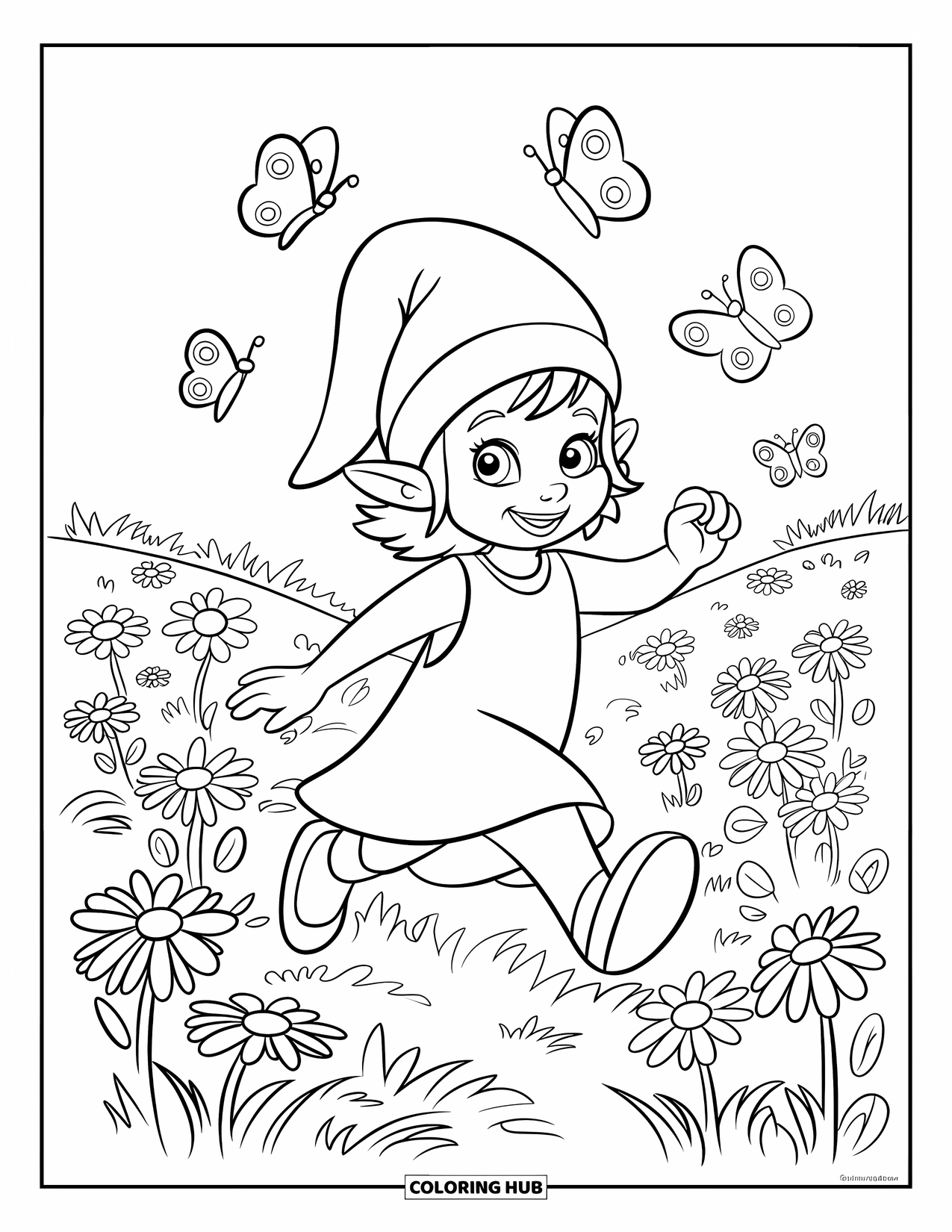 Desen de colorat cu o gnomiță pentru copii: O gnomiță bucuroasă dansează printre fluturi într-un câmp de flori sălbatice