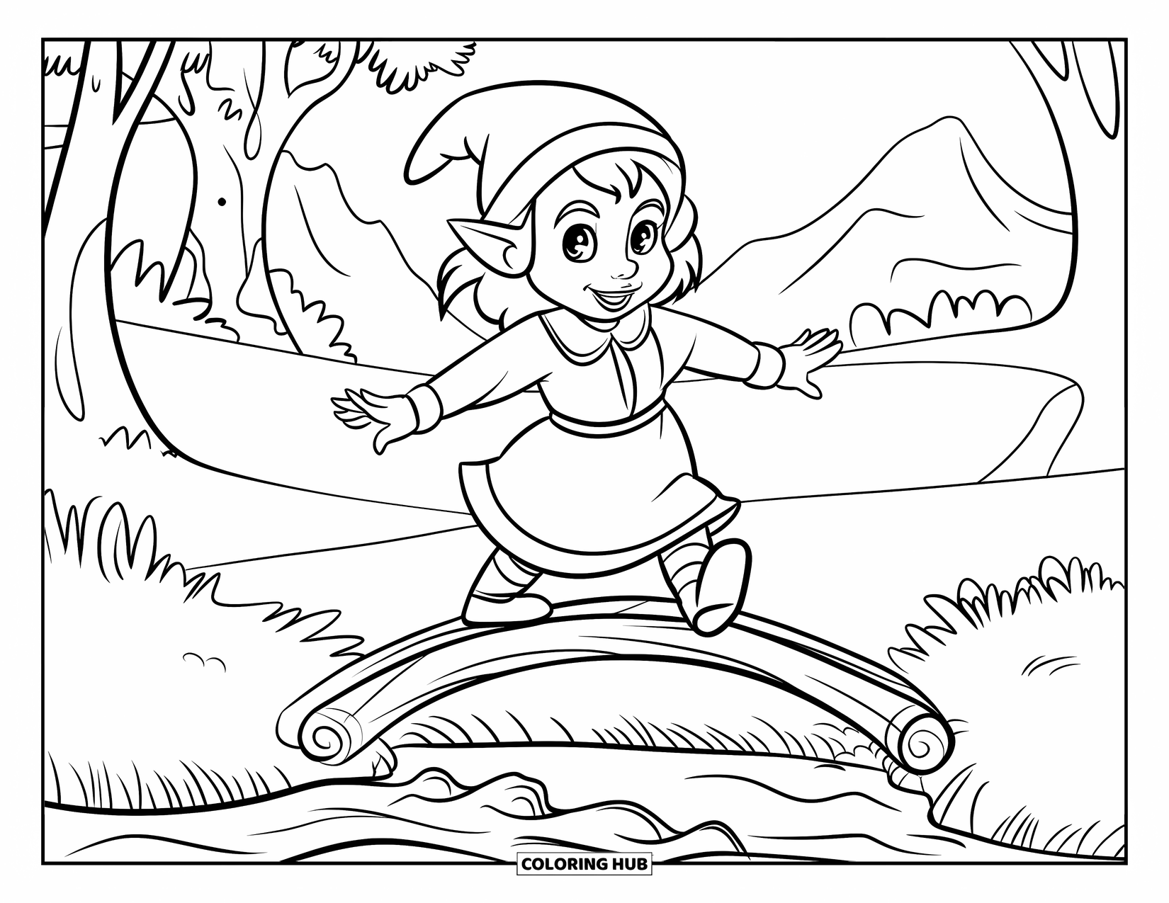 Desen de colorat cu o gnomiță pentru copii: O gnomiță ștrengară se echilibrează jucăuș pe un pod de trunchi peste un pârâu clocotitor