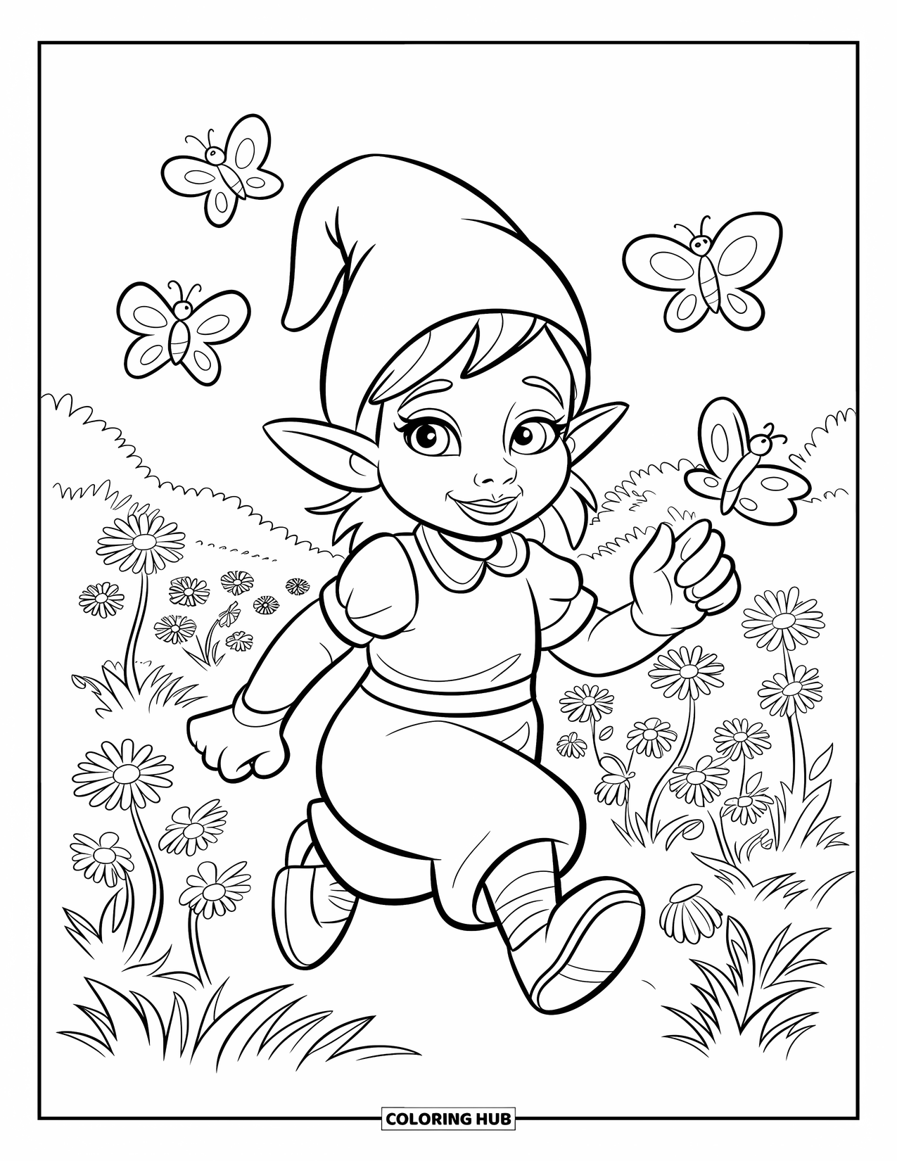 Desen de colorat cu o gnomiță pentru copii: O gnomiță jucăușă aleargă printr-un câmp de flori, înconjurată de fluturi fluturând