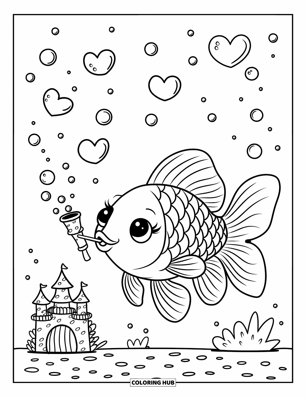 Disegno di pesce rosso da colorare per adulti: Un allegro pesce rosso soffia bolle a forma di cuori e stelle